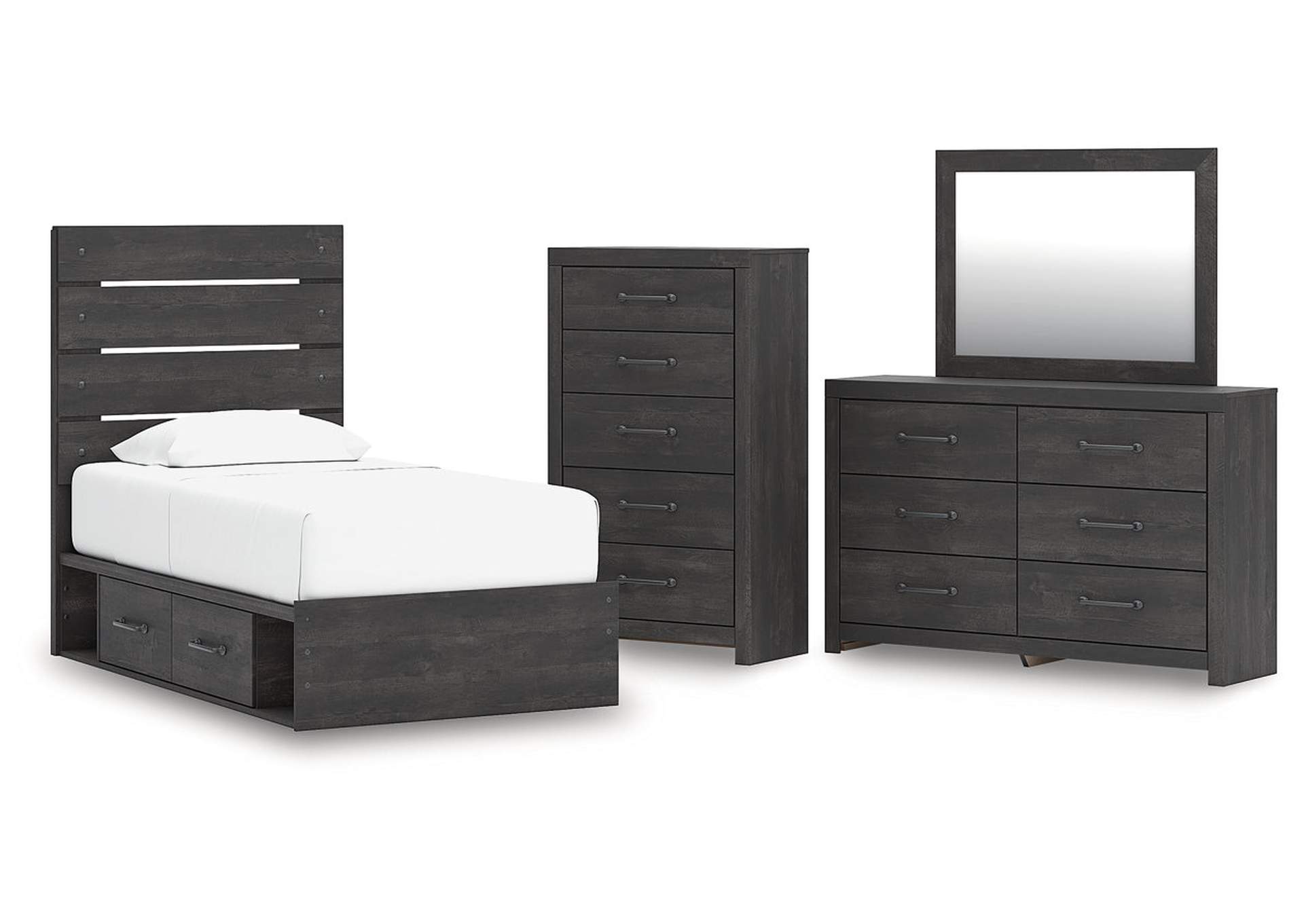 Delmorta Twin Panel Storage Bed with Mirrored Dresser and Chest image 1