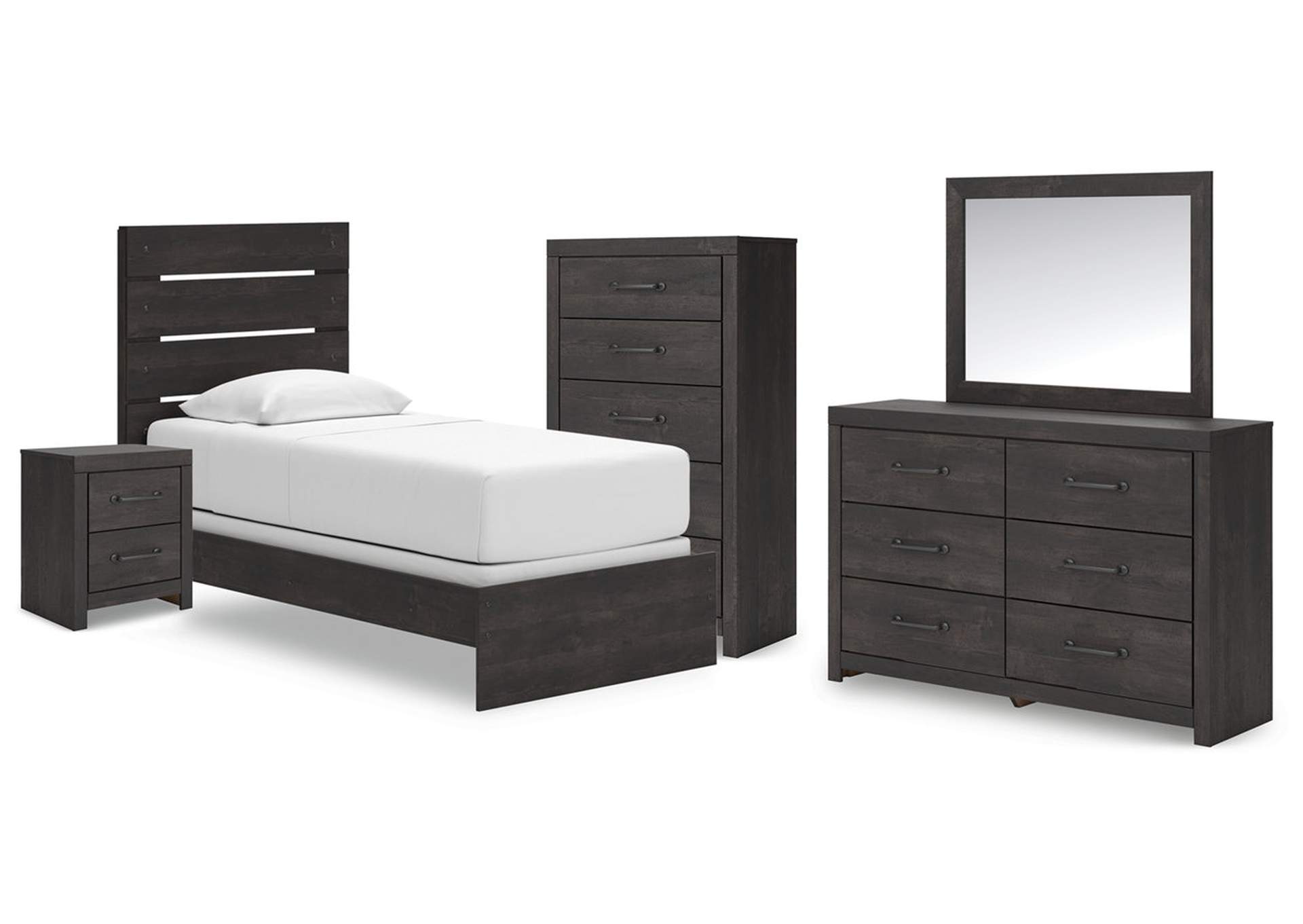 Delmorta Twin Panel Bed with Mirrored Dresser, Chest and Nightstand image 1
