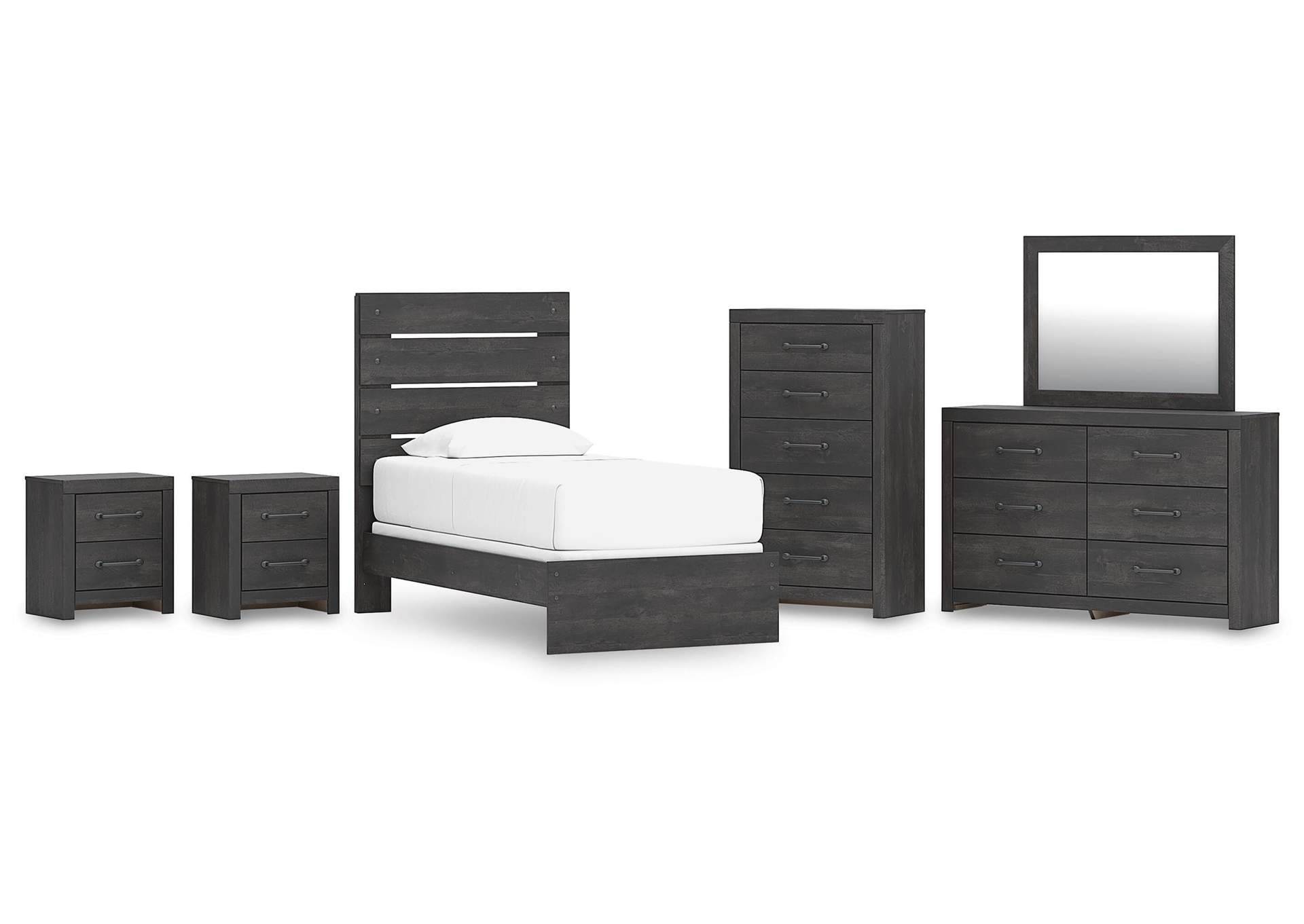 Delmorta Twin Panel Bed, Dresser, Mirror, Chest and 2 Nightstands image 1