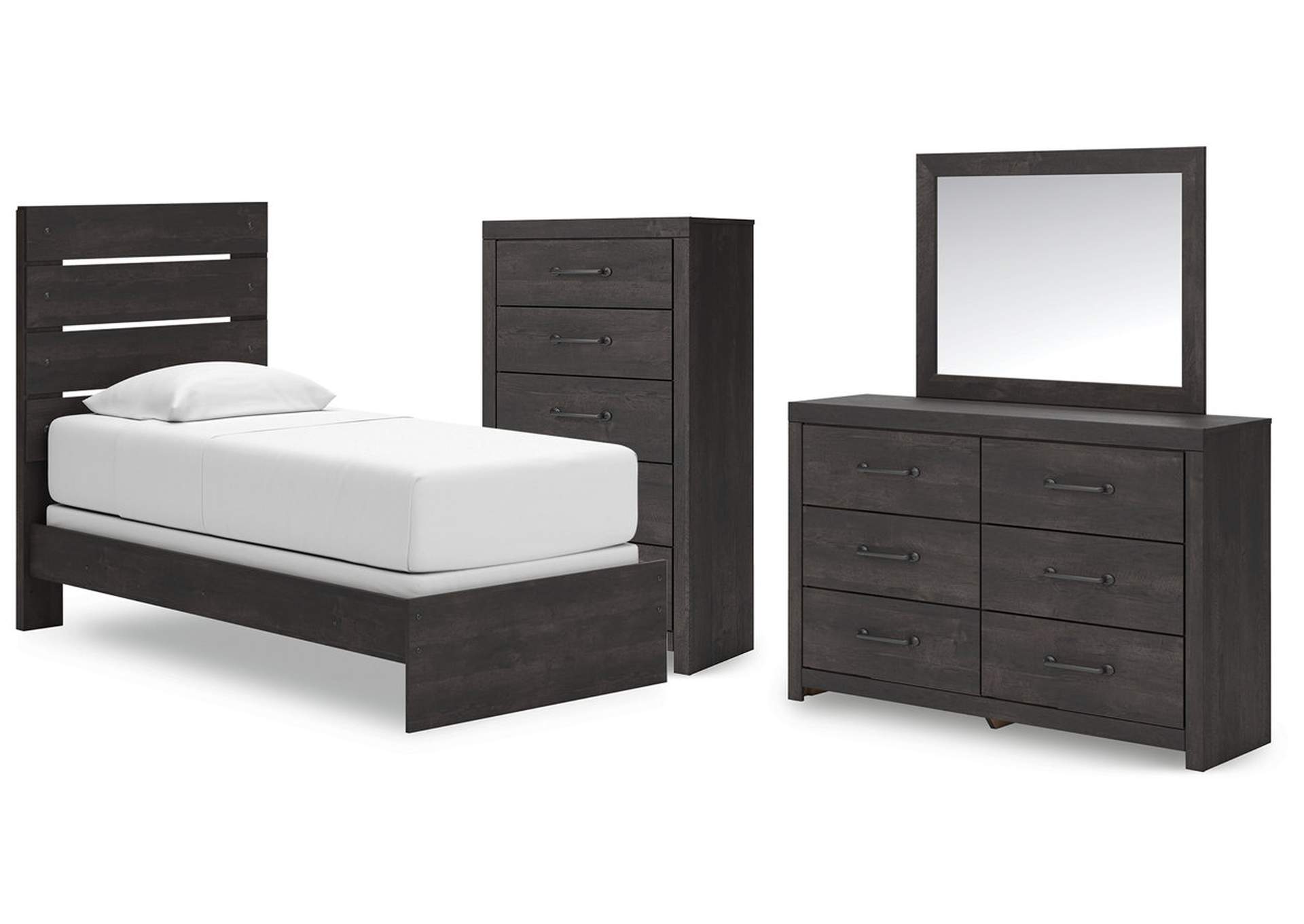 Delmorta Twin Panel Bed with Mirrored Dresser and Chest image 1
