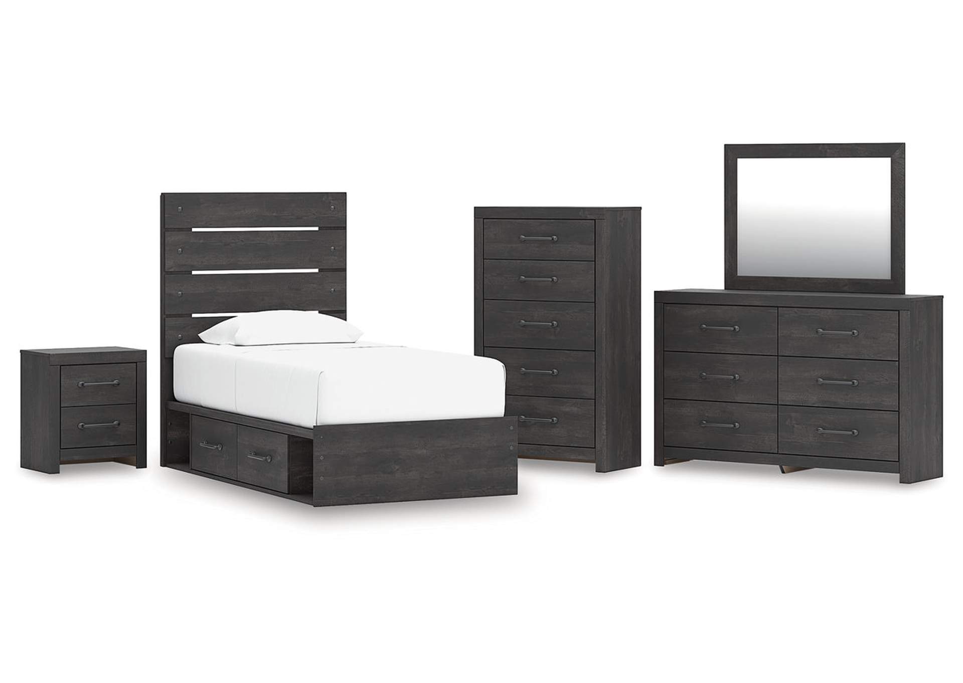 Delmorta Twin Panel Storage Bed with Mirrored Dresser, Chest and Nightstand image 1