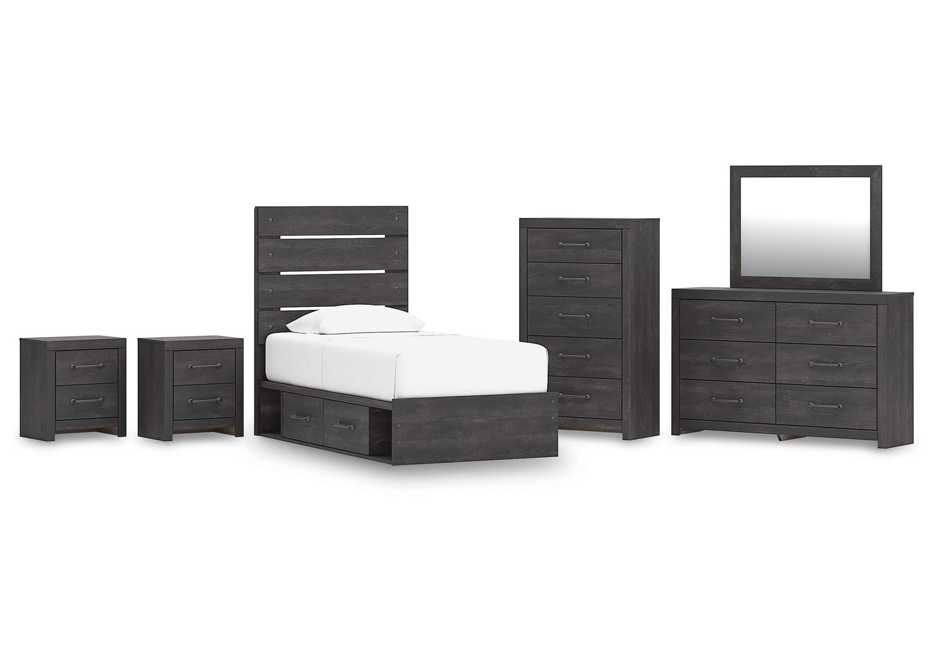 Delmorta Twin Panel Storage Bed, Dresser, Mirror, Chest and 2 Nightstands image 1