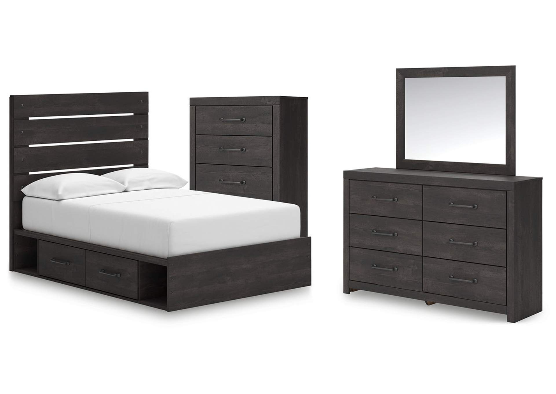 Delmorta Full Panel Bed with Storage with Mirrored Dresser and Chest image 1