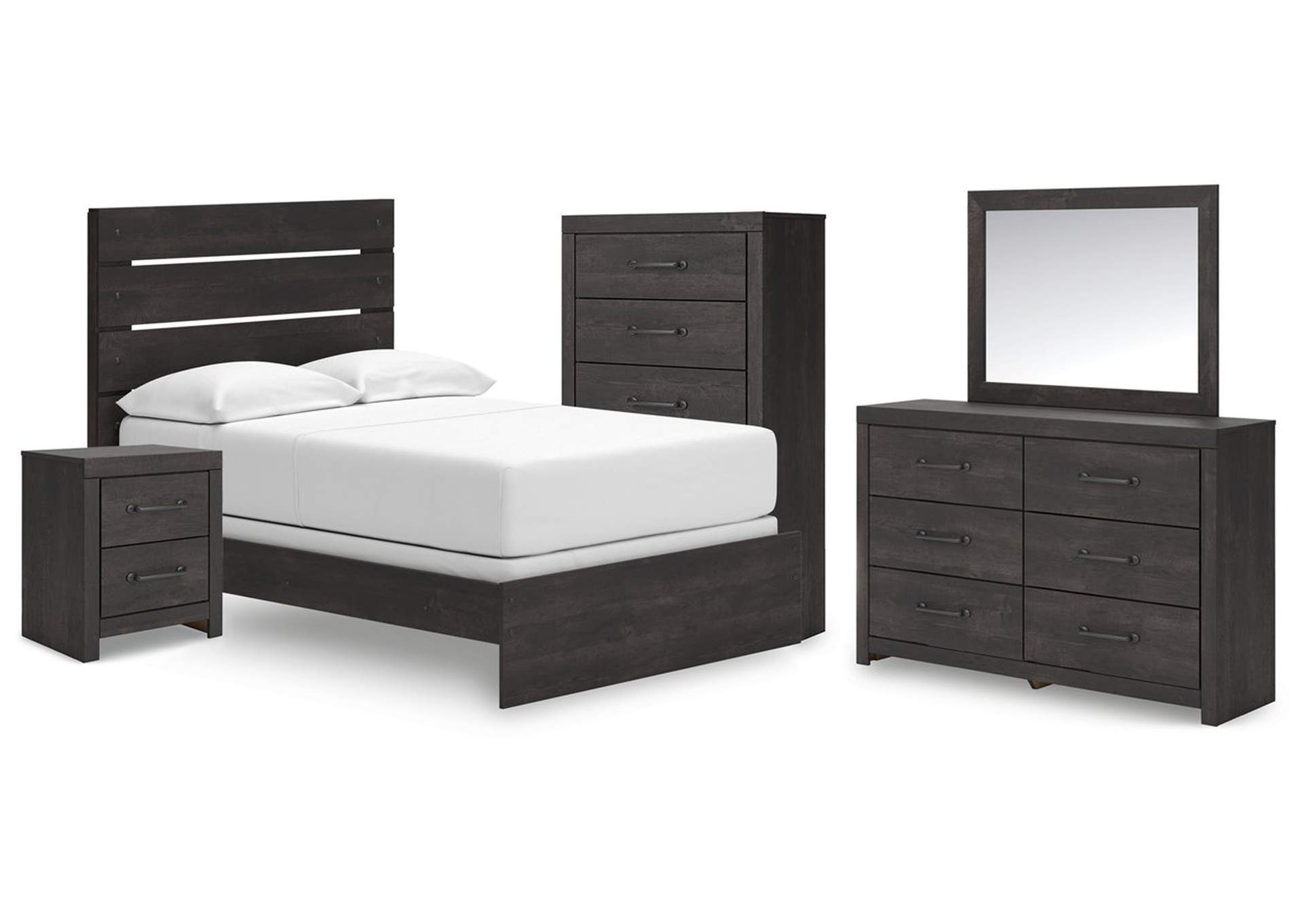 Delmorta Full Panel Bed with Mirrored Dresser, Chest and Nightstand image 1