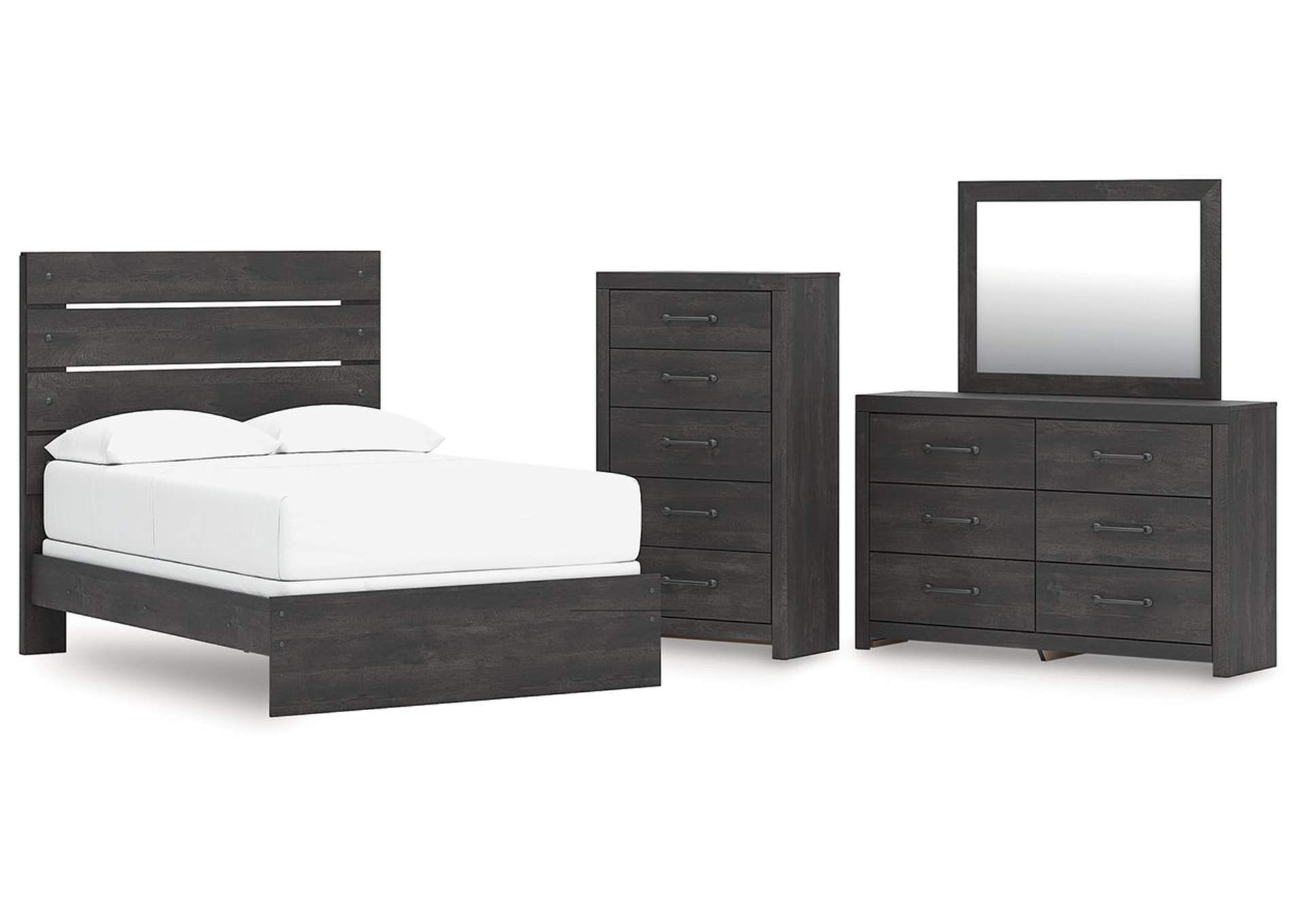 Delmorta Full Panel Bed with Mirrored Dresser and Chest image 1