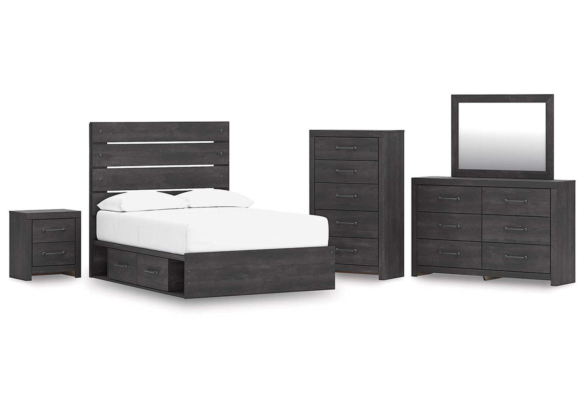 Delmorta Full Panel Bed with Storage with Mirrored Dresser, Chest and Nightstand image 1