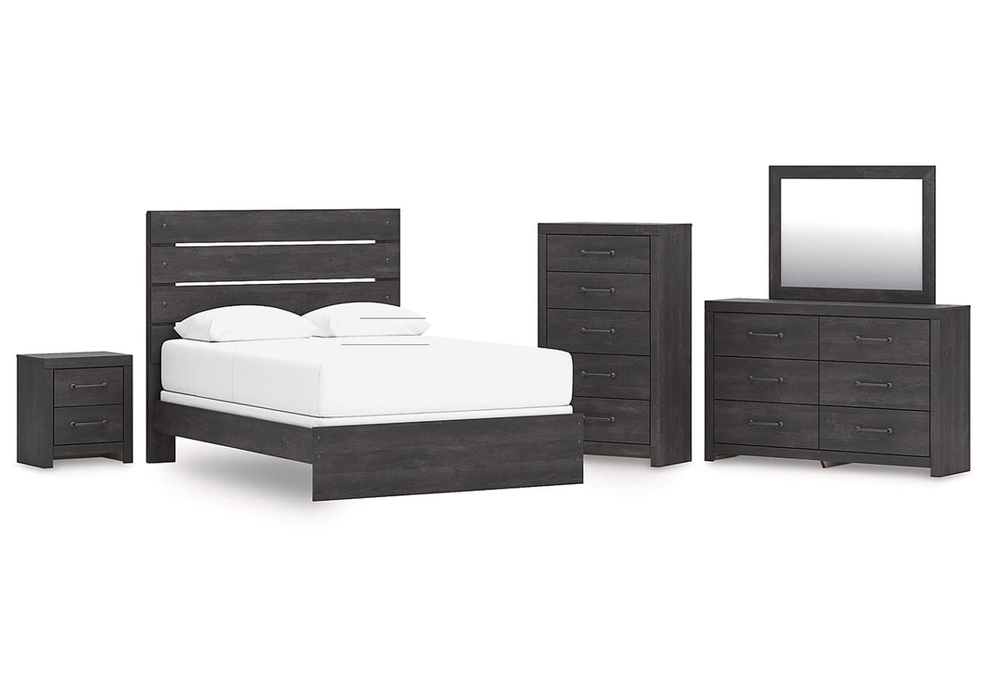 Delmorta Queen Panel Bed with Mirrored Dresser, Chest and Nightstand image 1