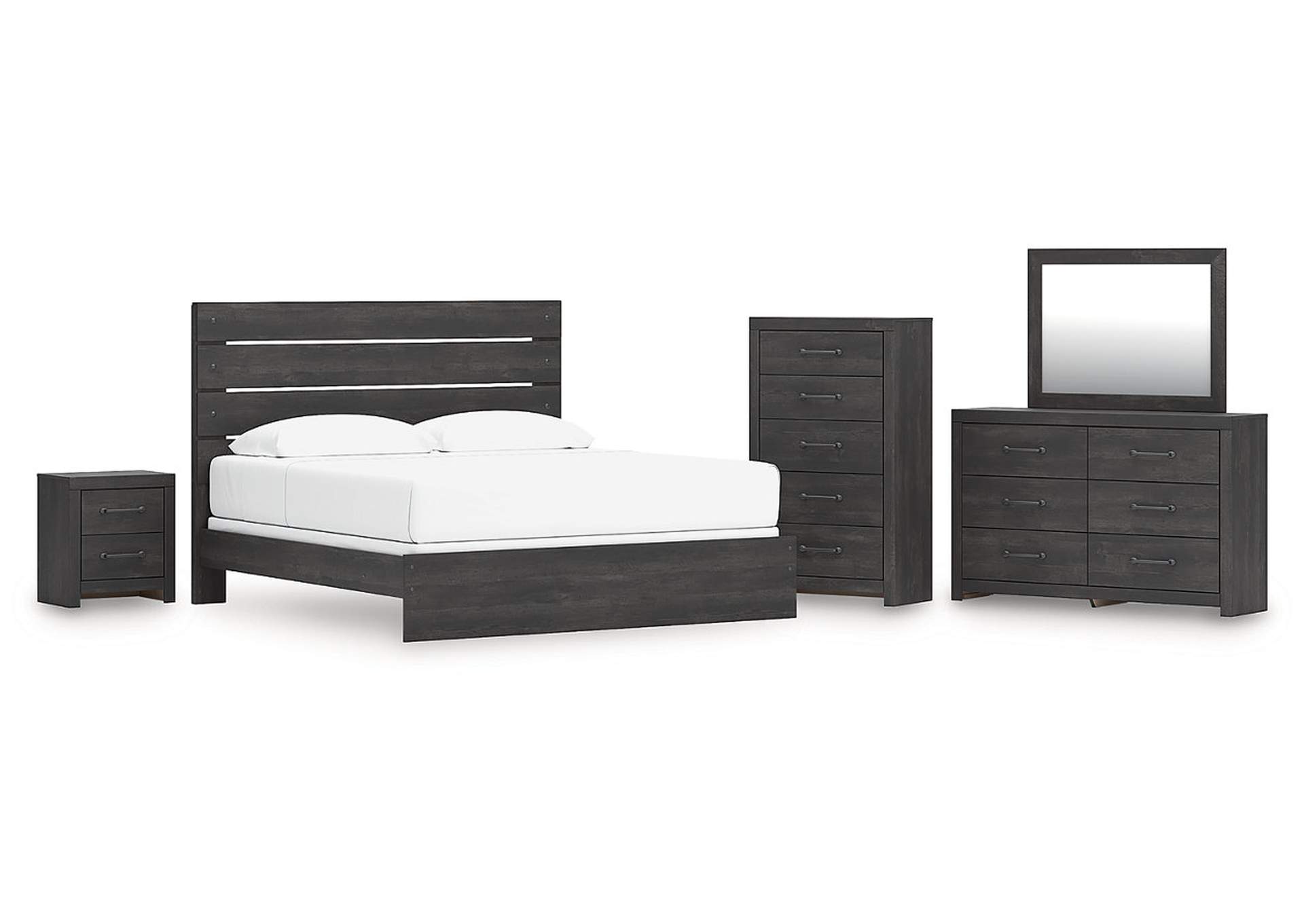 Delmorta King Panel Bed with Mirrored Dresser, Chest and Nightstand image 1