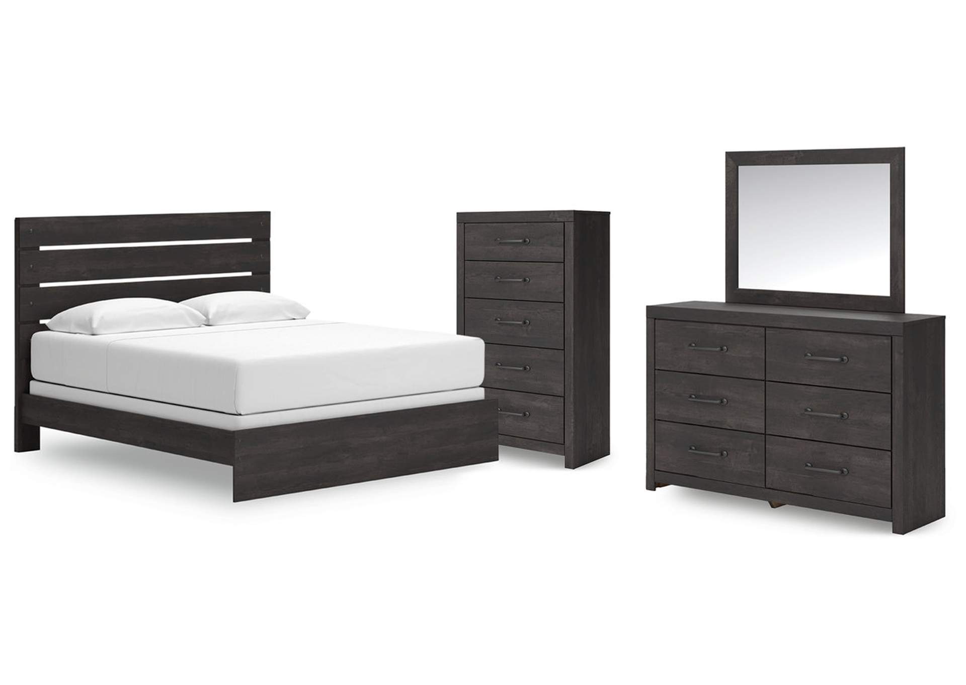 Delmorta King Panel Bed with Mirrored Dresser and Chest image 1