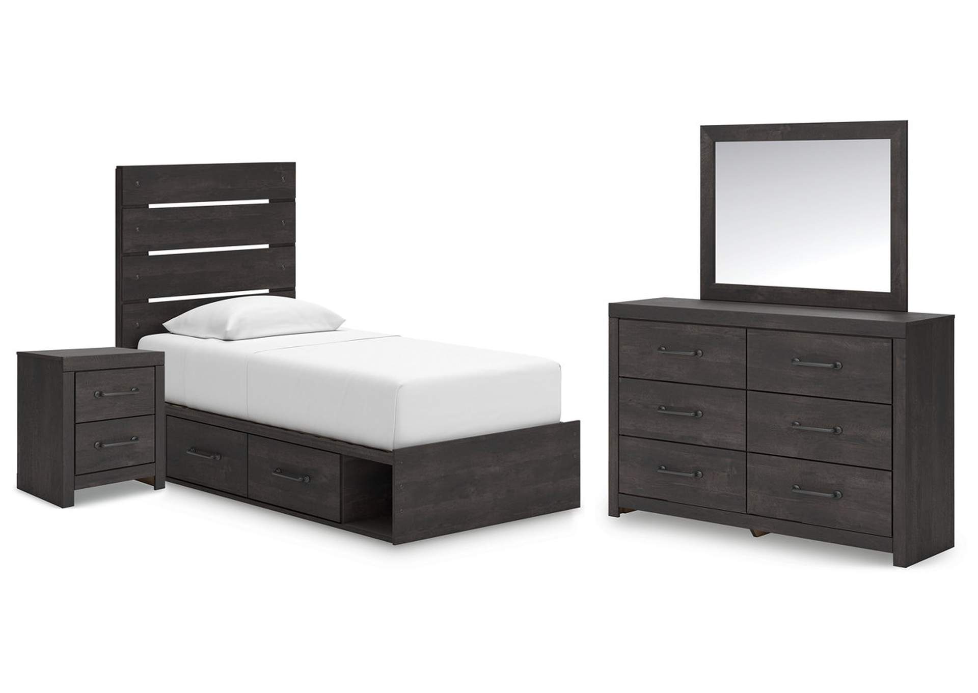 Delmorta Twin Panel Bed with Storage with Mirrored Dresser and Nightstand image 1