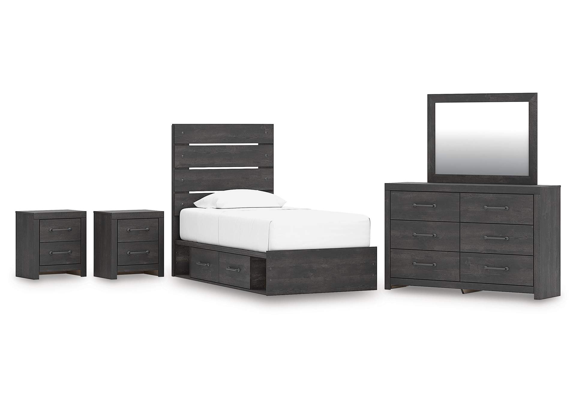 Delmorta Twin Panel Bed with Storage, Dresser, Mirror and 2 Nightstands image 1