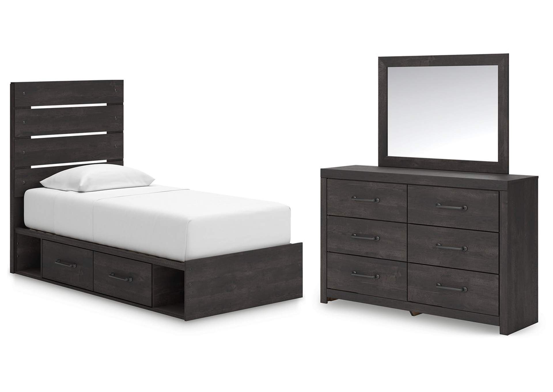 Delmorta Twin Panel Bed with Storage with Mirrored Dresser image 1