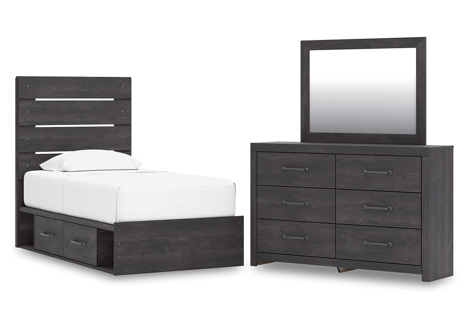 Delmorta Twin Panel Storage Bed with Mirrored Dresser image 1