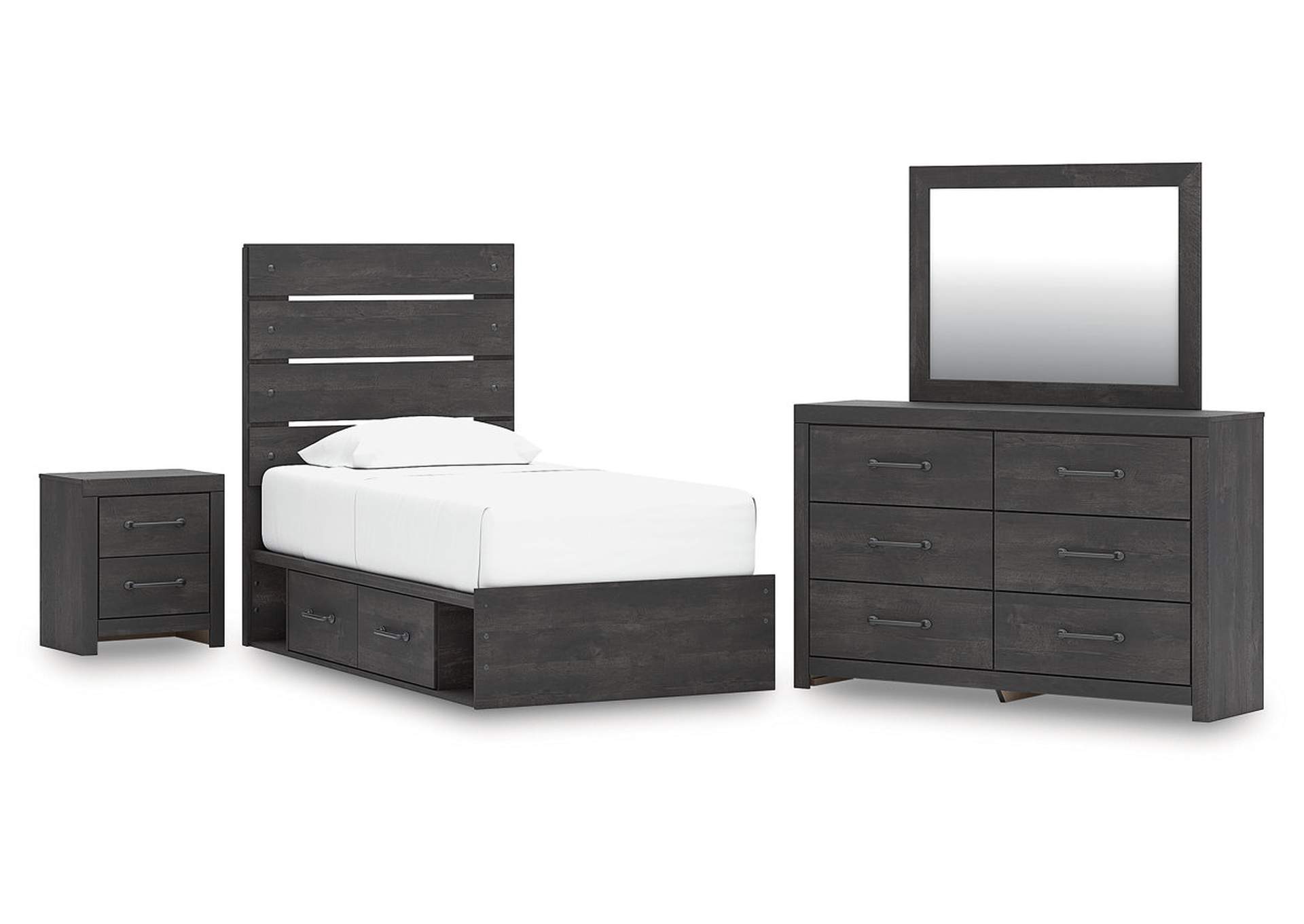Delmorta Twin Panel Storage Bed with Mirrored Dresser and Nightstand image 1