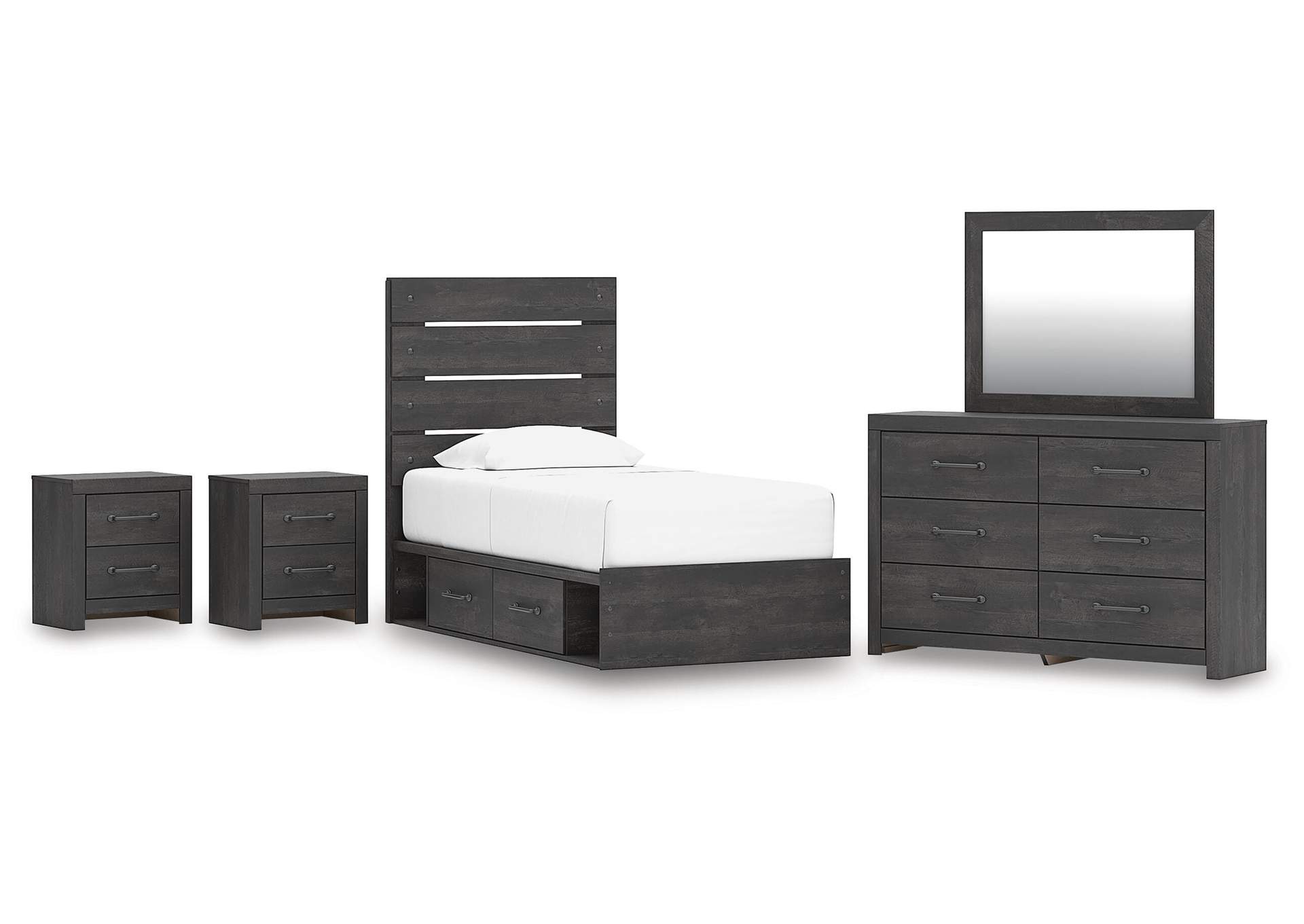 Delmorta Twin Panel Storage Bed, Dresser, Mirror and 2 Nightstands image 1