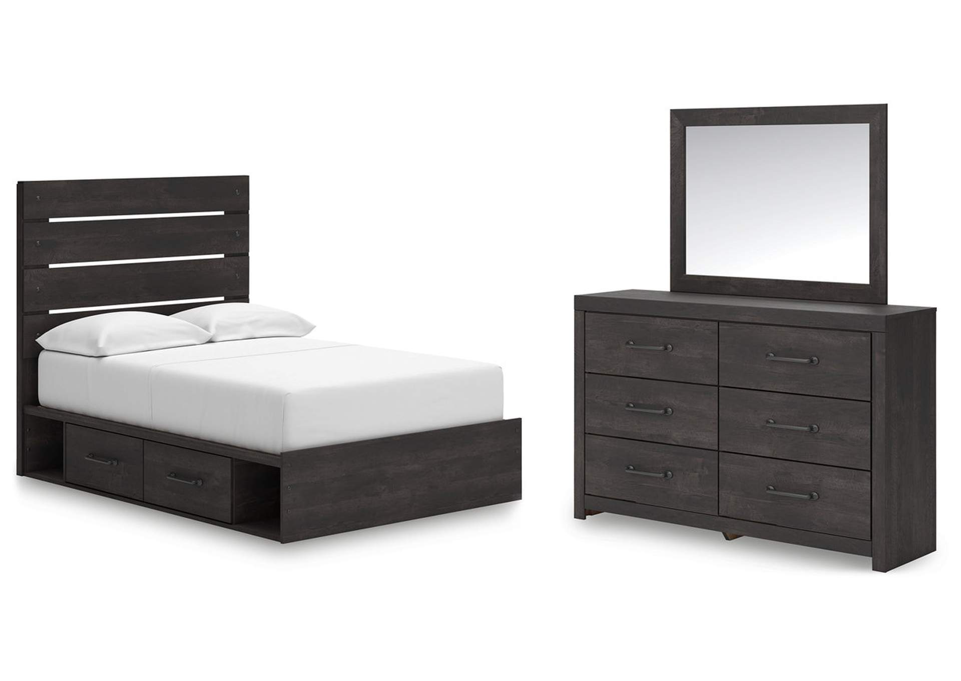 Delmorta Full Panel Bed with Storage with Mirrored Dresser image 1