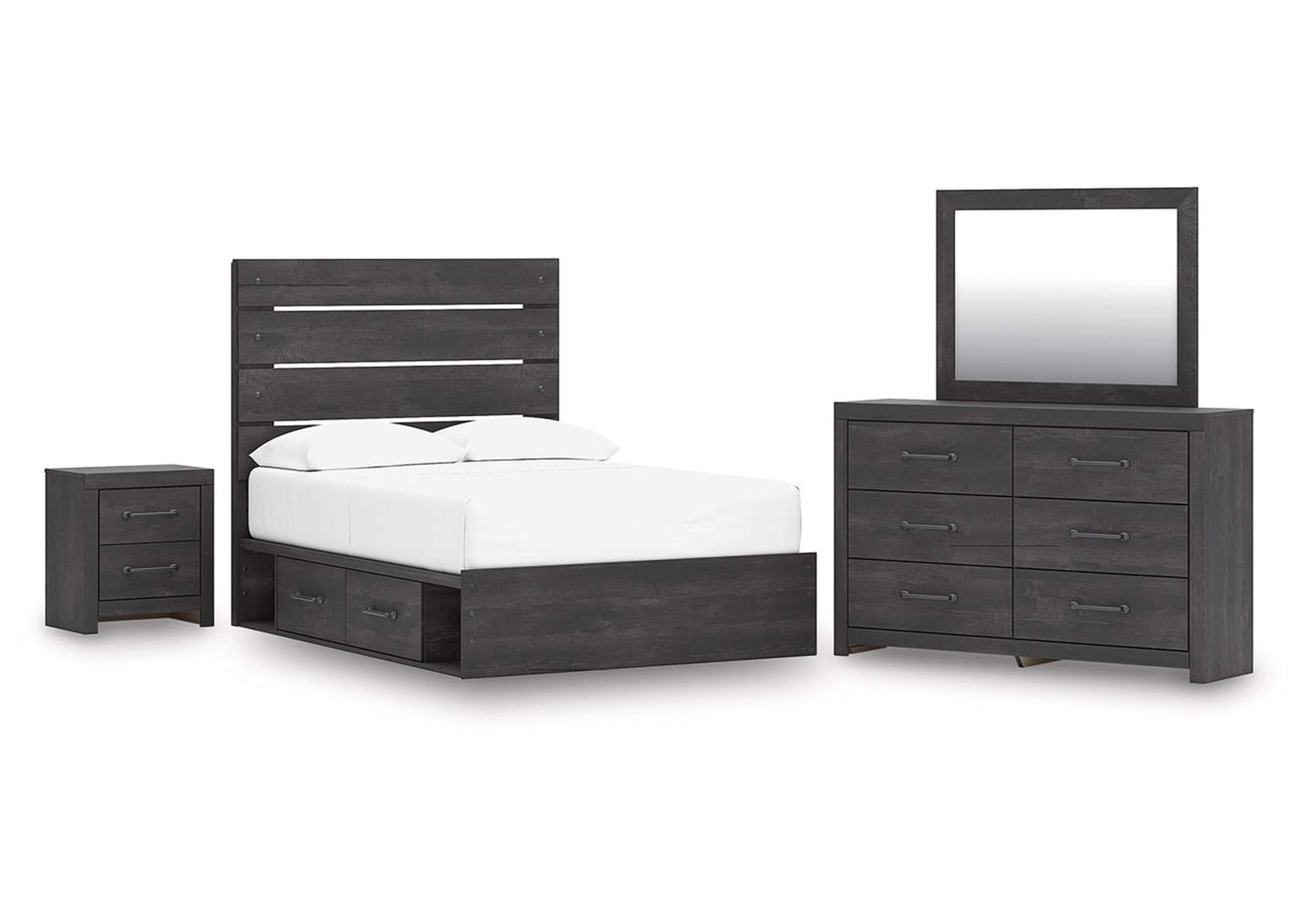 Delmorta Full Panel Bed with Storage with Mirrored Dresser and Nightstand image 1