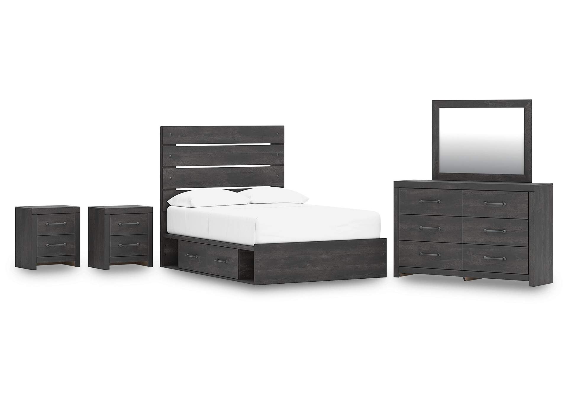 Delmorta Full Panel Storage Bed, Dresser, Mirror and 2 Nightstands image 1