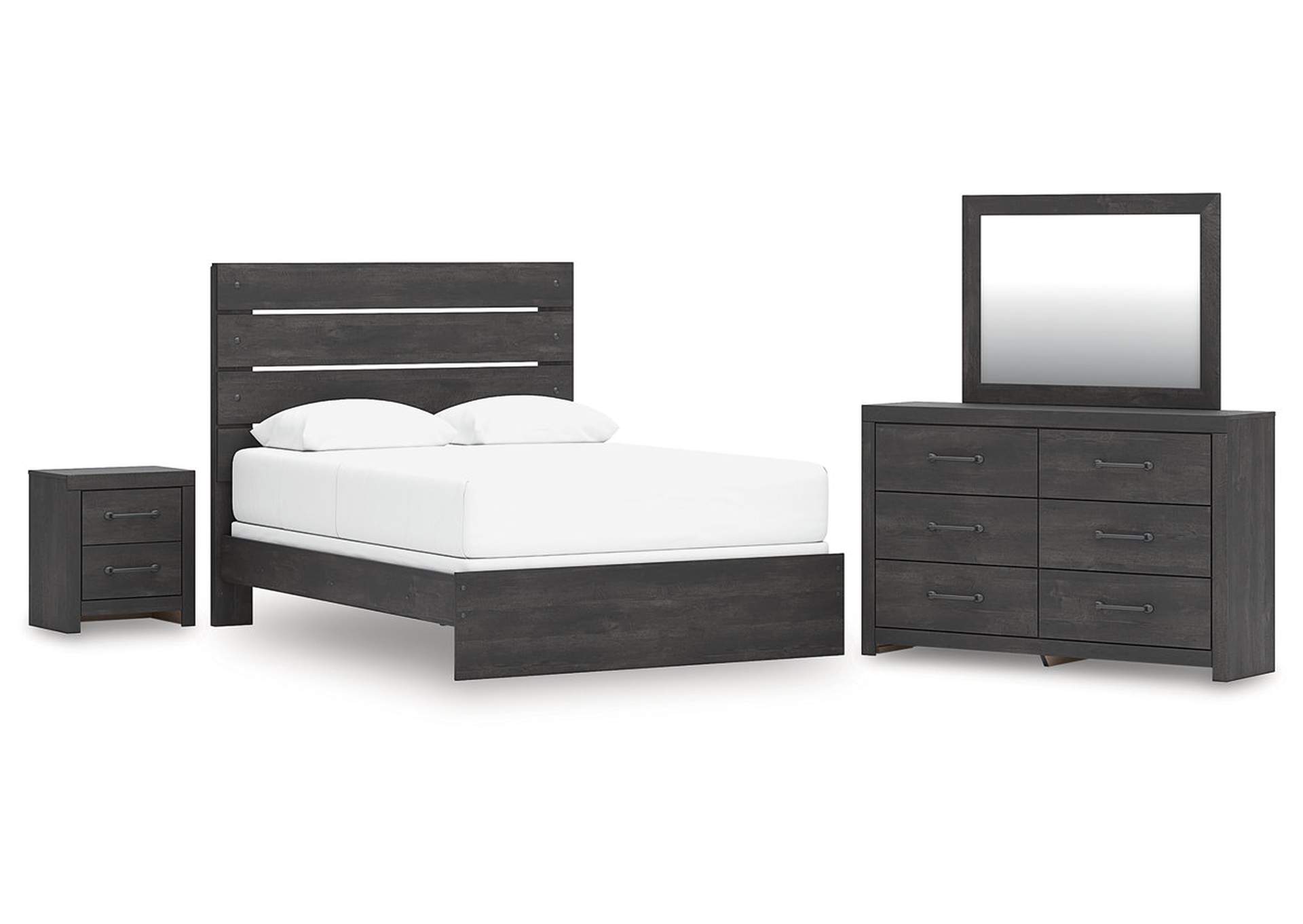 Delmorta Queen Panel Bed with Mirrored Dresser and Nightstand image 1