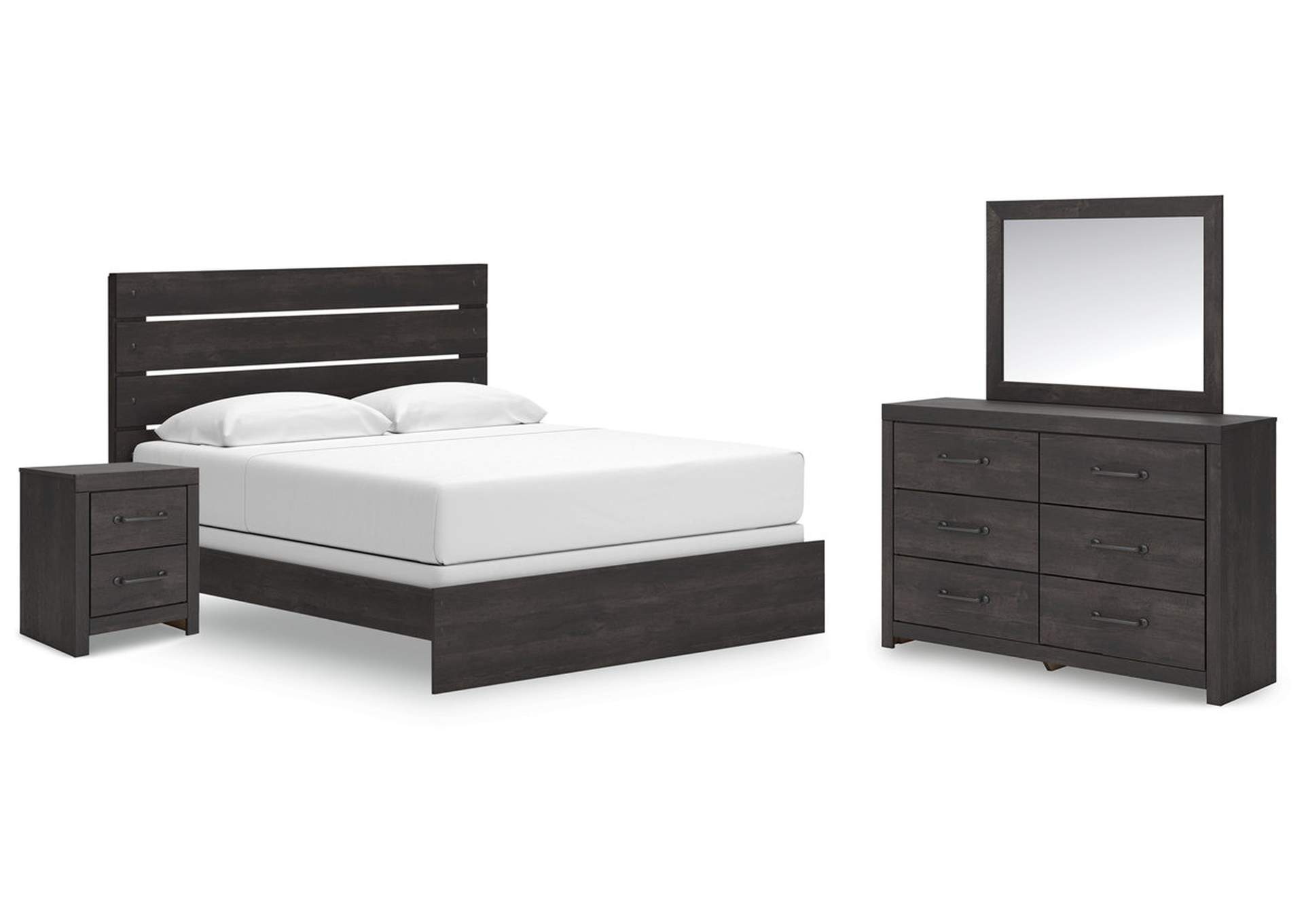 Delmorta King Panel Bed with Mirrored Dresser and Nightstand image 1