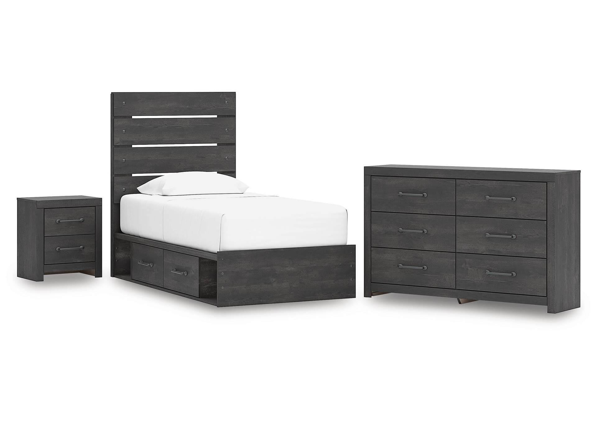 Delmorta Twin Panel Bed with Storage, Dresser and Nightstand image 1