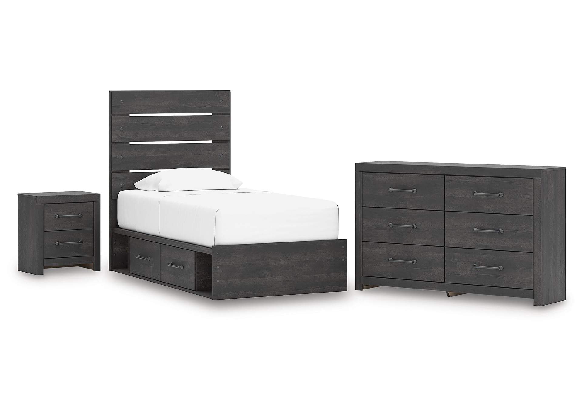 Delmorta Twin Panel Storage Bed, Dresser and Nightstand image 1