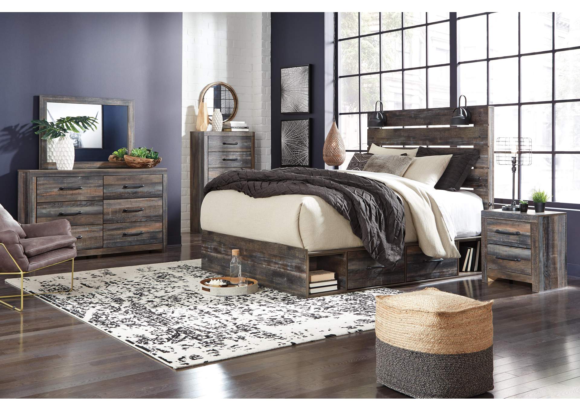 Drystan Queen Panel Bed with 2 Storage Drawers with Mirrored Dresser and Nightstand image 2