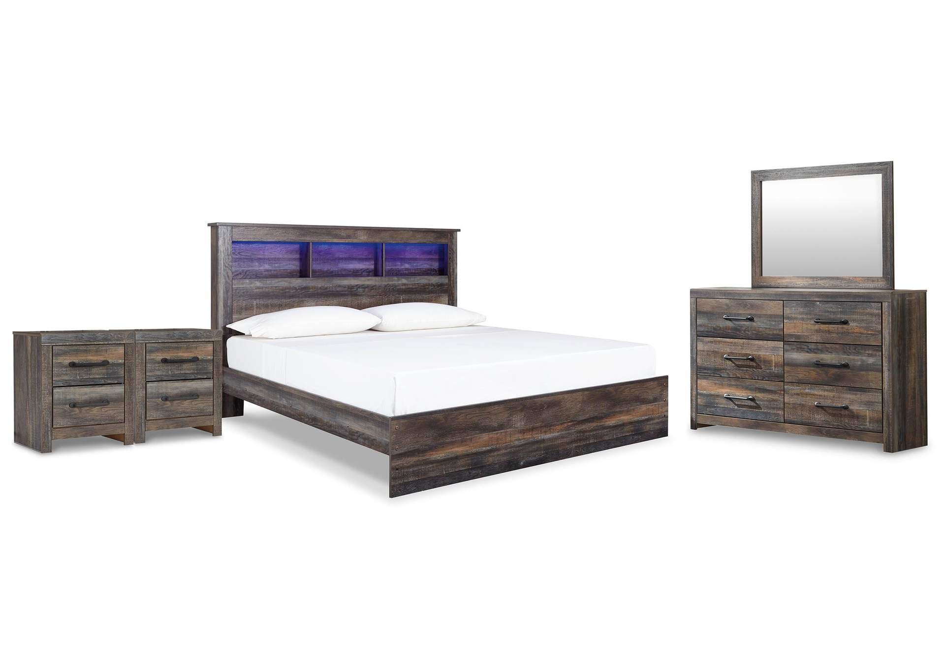 Drystan King Panel Bookcase Bed with Mirrored Dresser and 2 Nightstands image 1