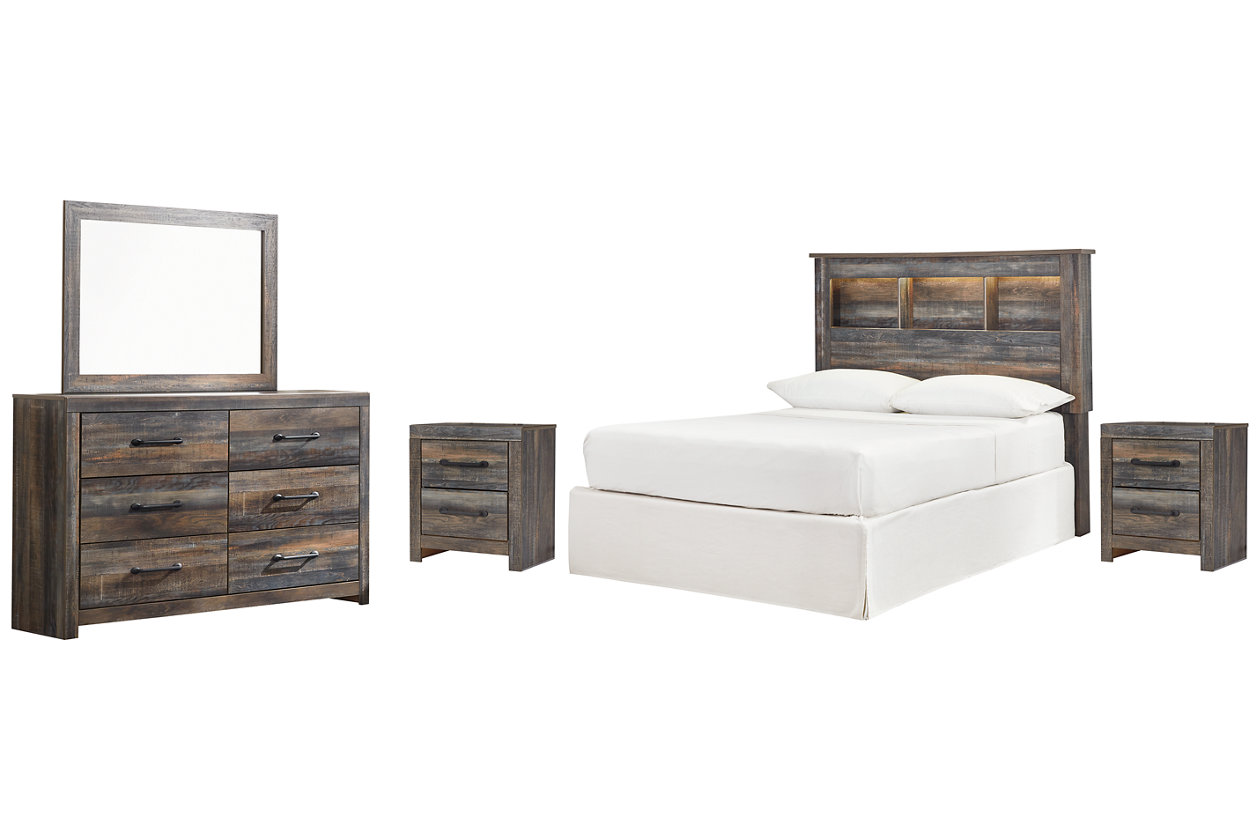 Drystan Full Bookcase Headboard Bed with Mirrored Dresser and 2 Nightstands