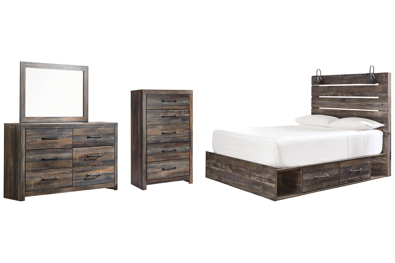 Drystan Queen Panel Bed with 4 Storage Drawers with Mirrored Dresser and Chest