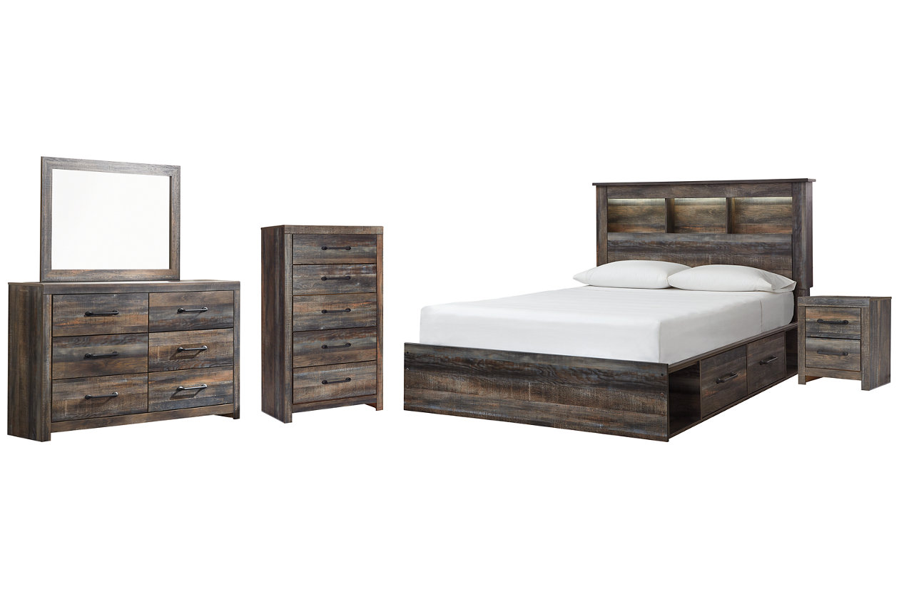 Drystan Queen Bookcase Bed with 4 Storage Drawers with Mirrored Dresser, Chest and Nightstand