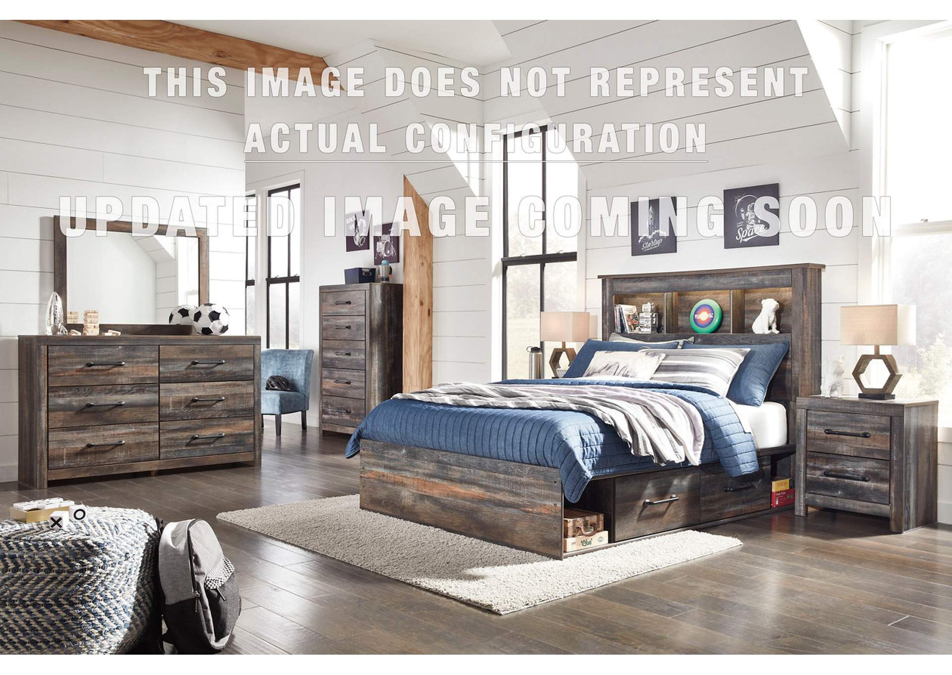 Drystan Full Bookcase Bed with 4 Storage Drawers with Mirrored Dresser and Chest image 1
