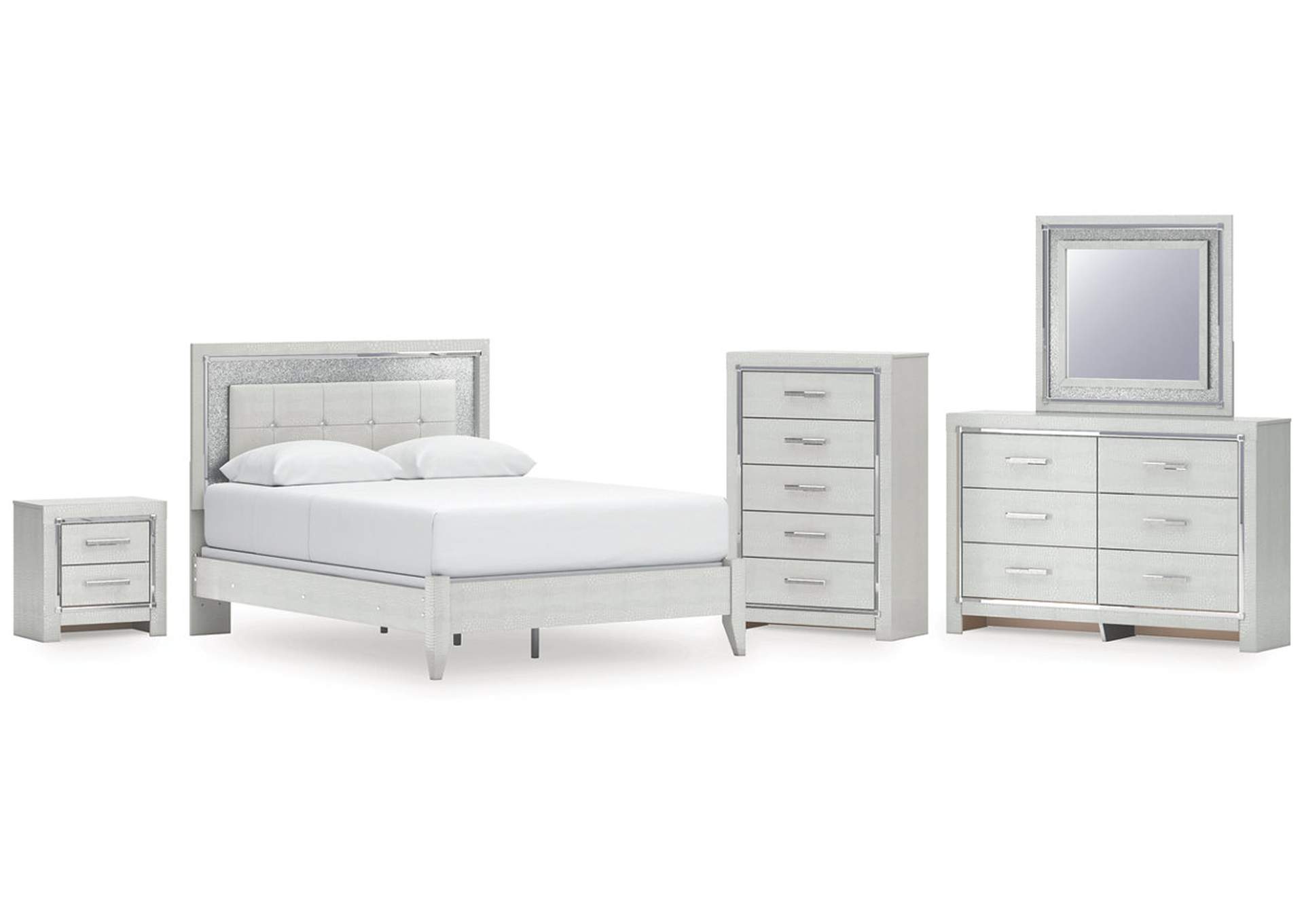 Zyniden Queen Upholstered Panel Bed with Mirrored Dresser, Chest and Nightstand