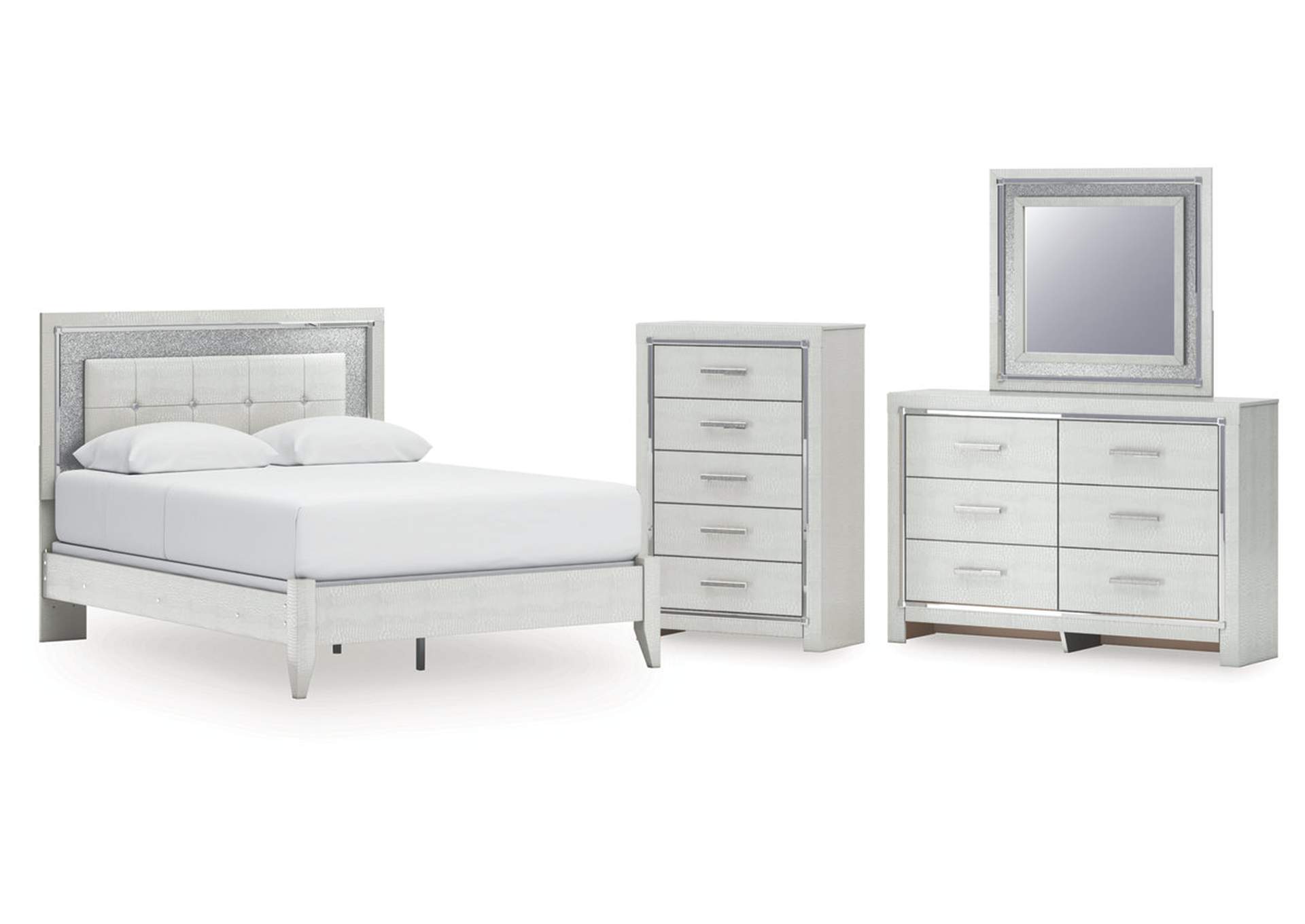 Zyniden Queen Upholstered Panel Bed with Mirrored Dresser and Chest image 1