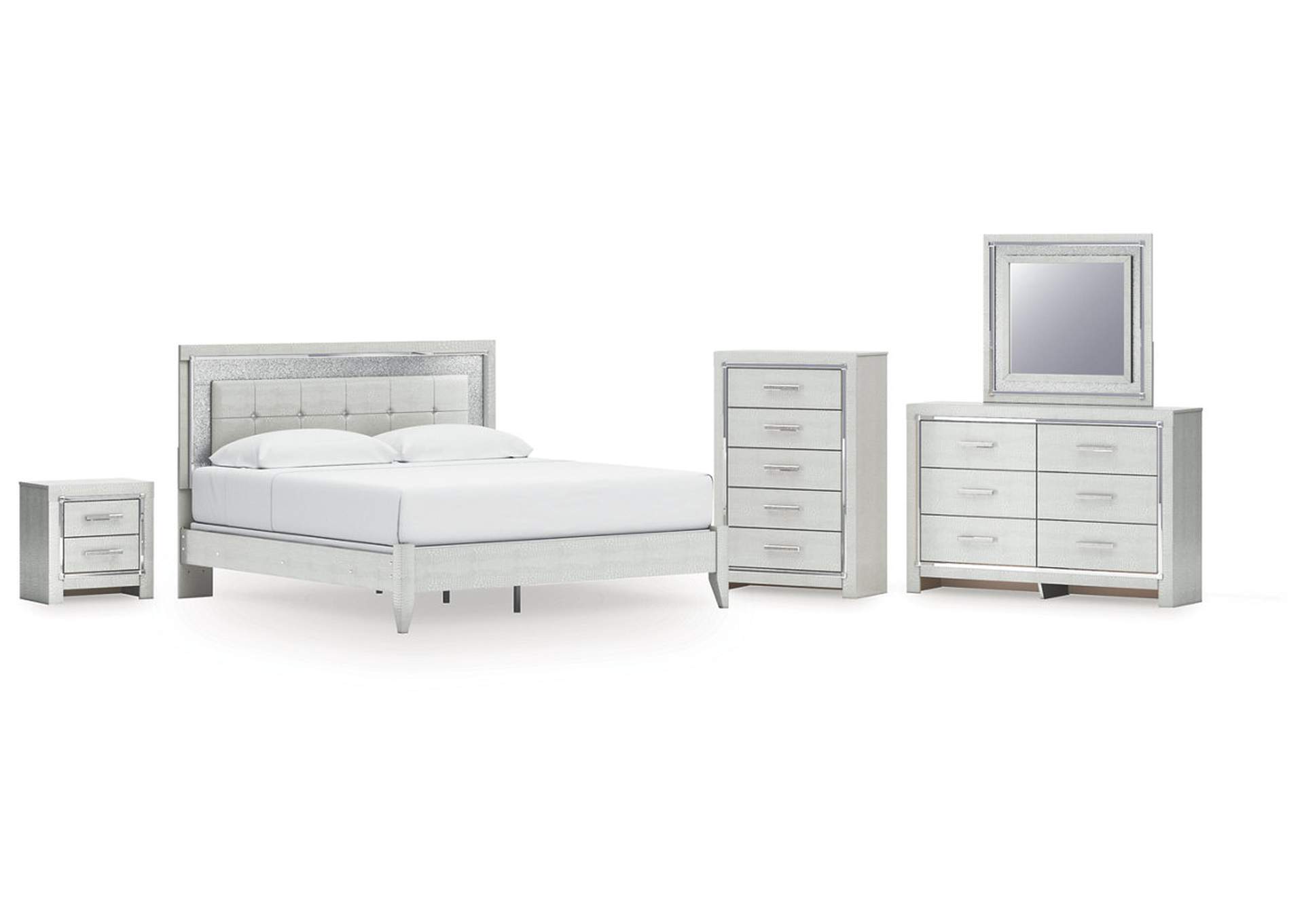 Zyniden King Upholstered Panel Bed with Mirrored Dresser, Chest and Nightstand image 1