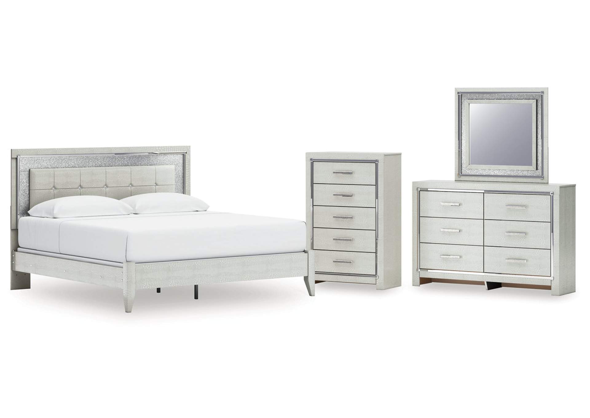 Zyniden King Upholstered Panel Bed with Mirrored Dresser and Chest image 1