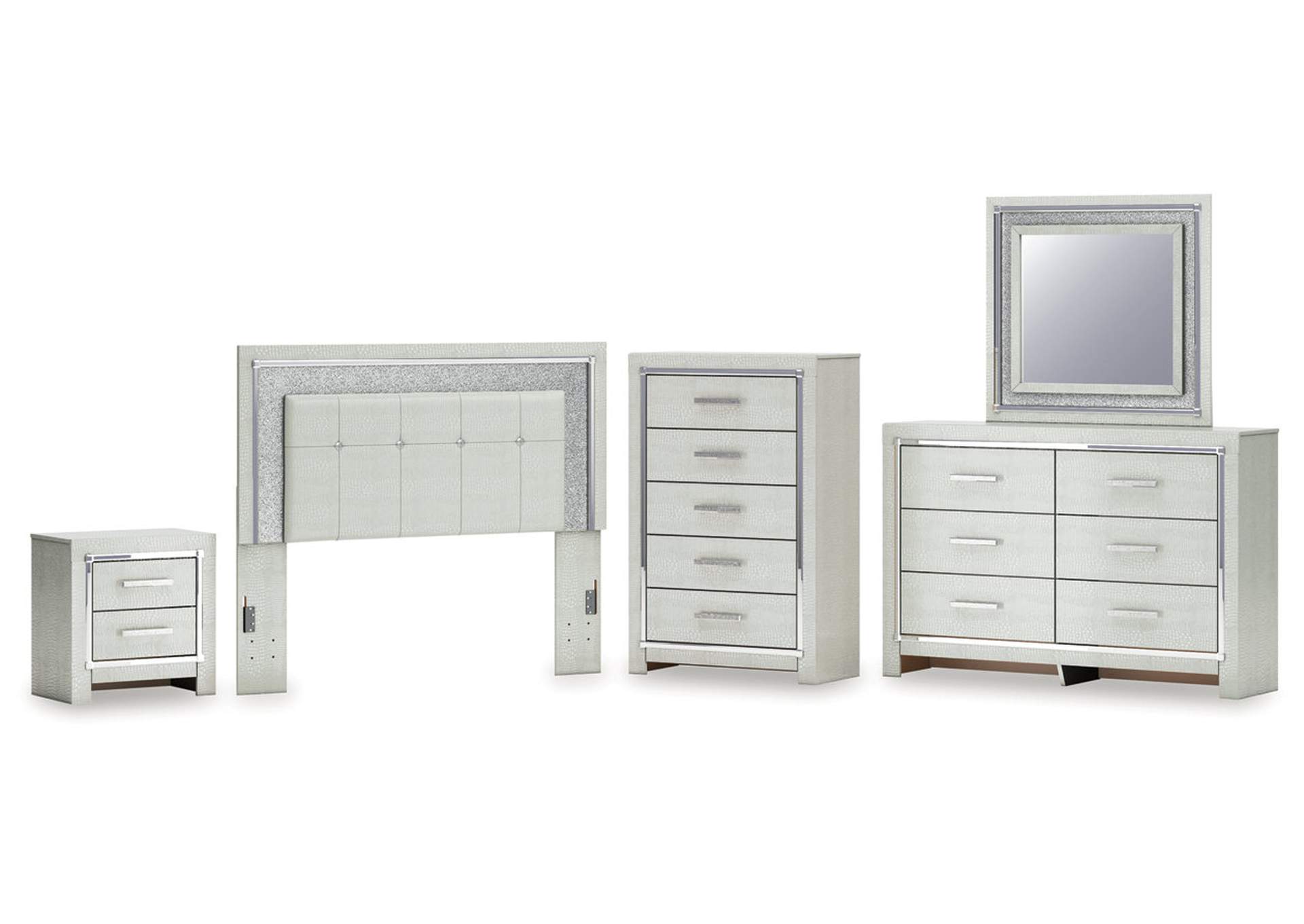Zyniden Queen Upholstered Panel Headboard with Mirrored Dresser, Chest and Nightstand image 1