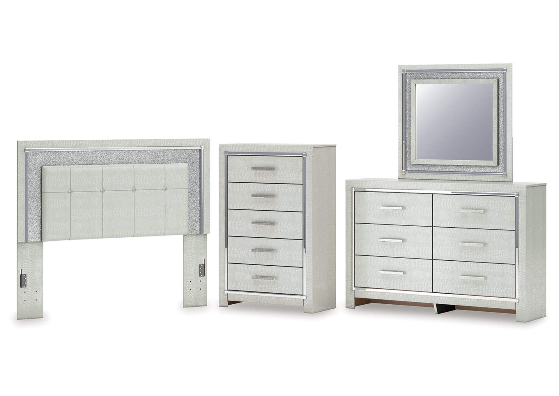 Zyniden Queen Upholstered Panel Headboard with Mirrored Dresser and Chest image 1