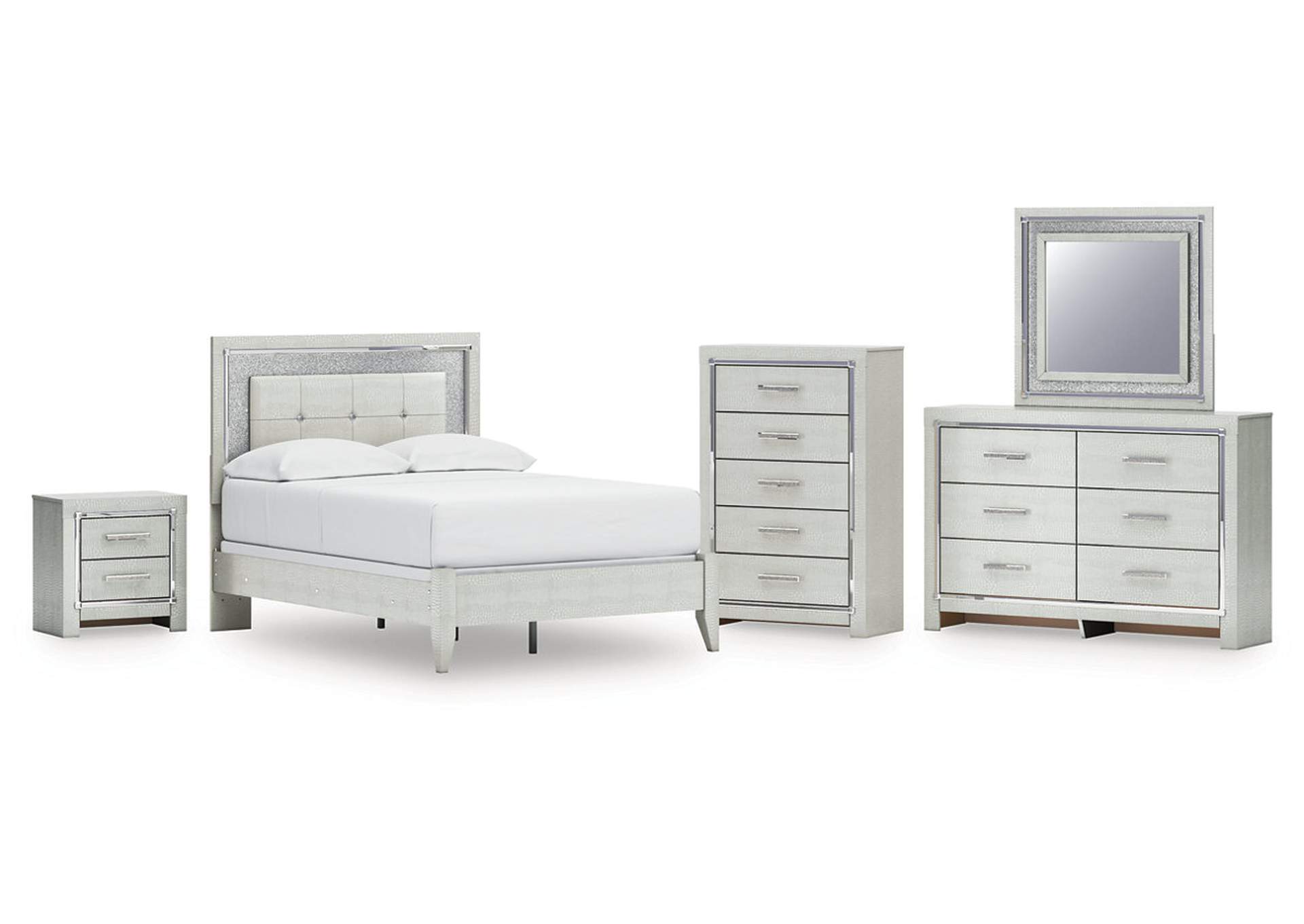 Zyniden Full Upholstered Panel Bed with Mirrored Dresser, Chest and Nightstand image 1