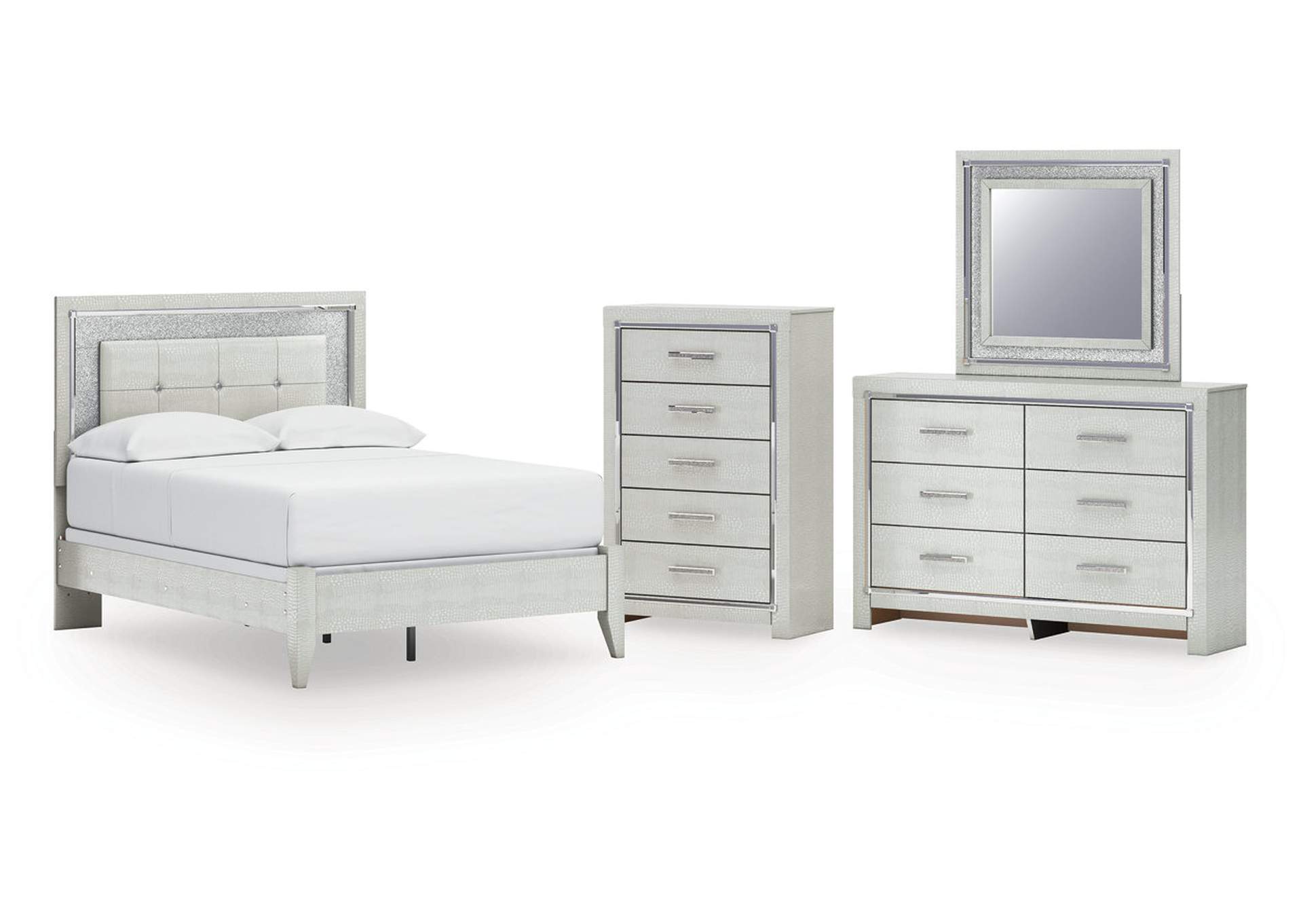 Zyniden Full Upholstered Panel Bed with Mirrored Dresser and Chest image 1