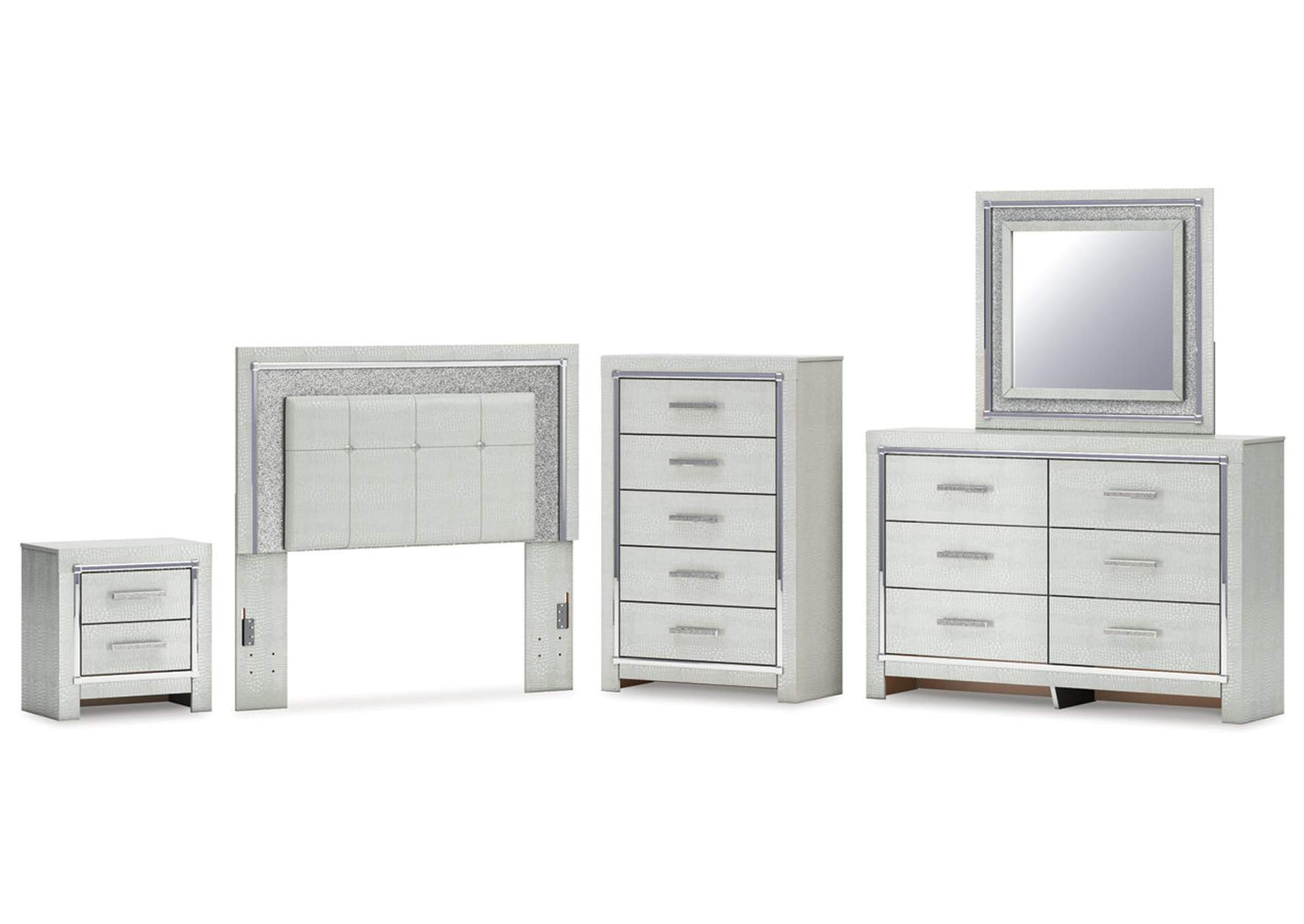 Zyniden Full Upholstered Panel Headboard with Mirrored Dresser, Chest and Nightstand image 1