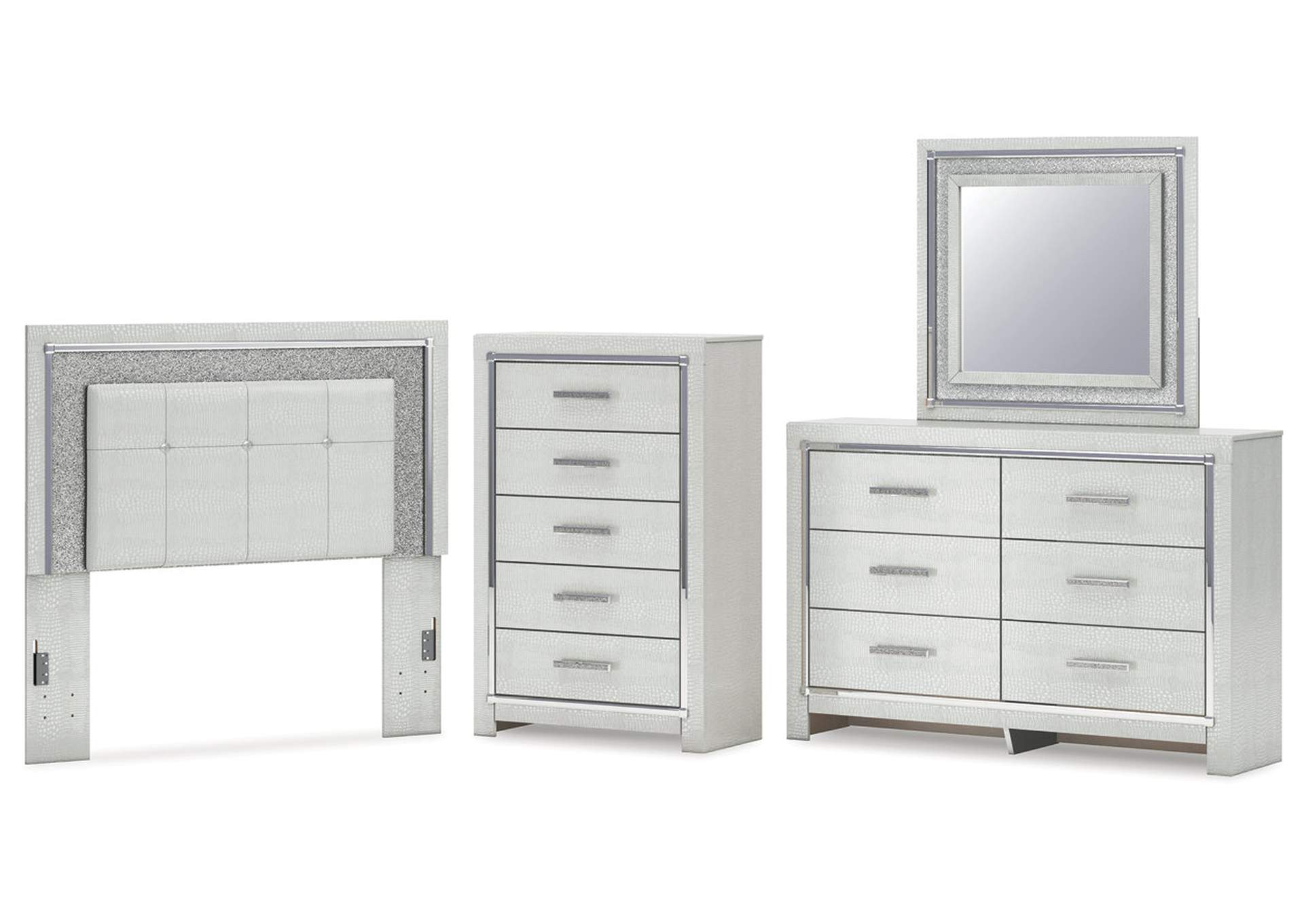 Zyniden Full Upholstered Panel Headboard with Mirrored Dresser and Chest image 1