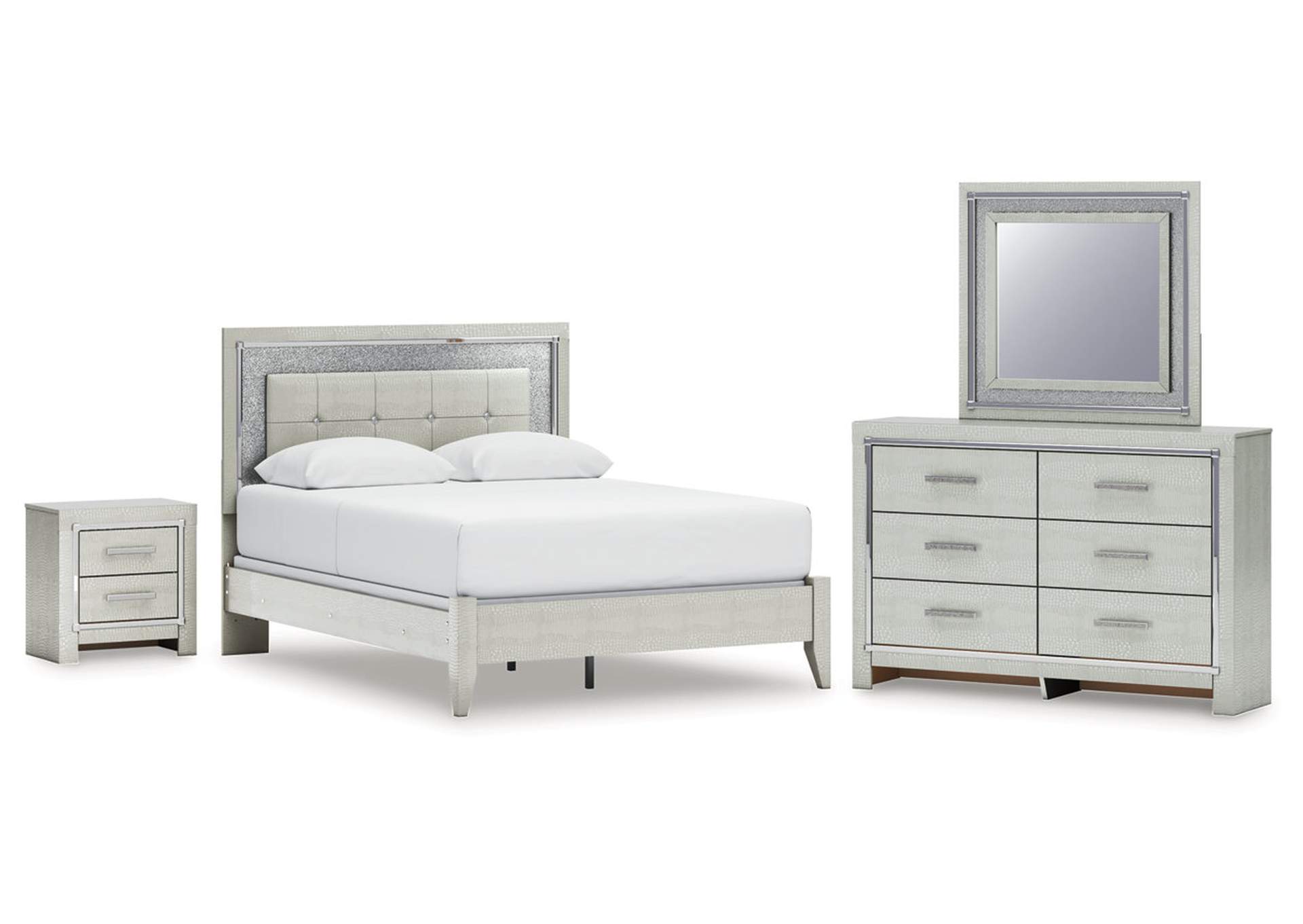 Zyniden Queen Upholstered Panel Bed with Mirrored Dresser and Nightstand