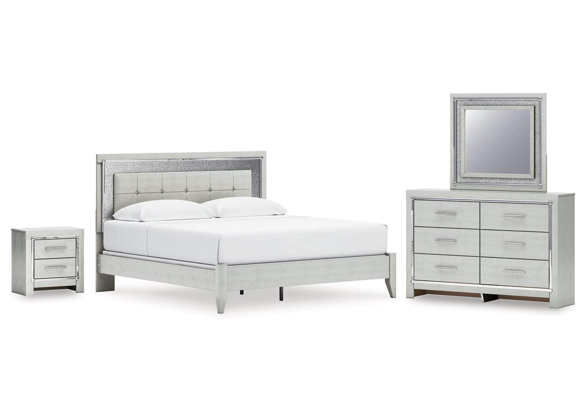 Zyniden King Upholstered Panel Bed with Mirrored Dresser and Nightstand image 1