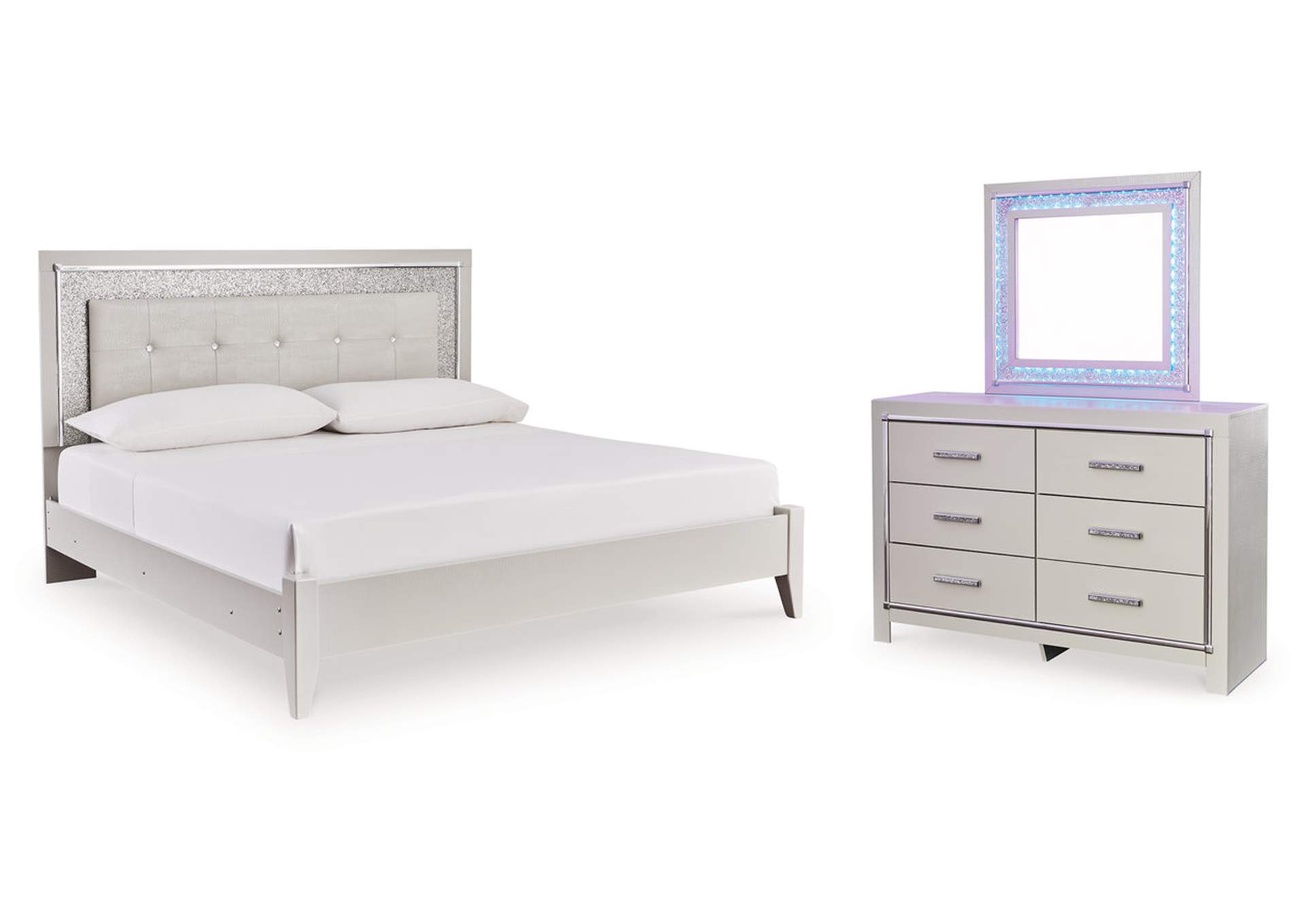 Zyniden King Upholstered Panel Bed with Mirrored Dresser image 1