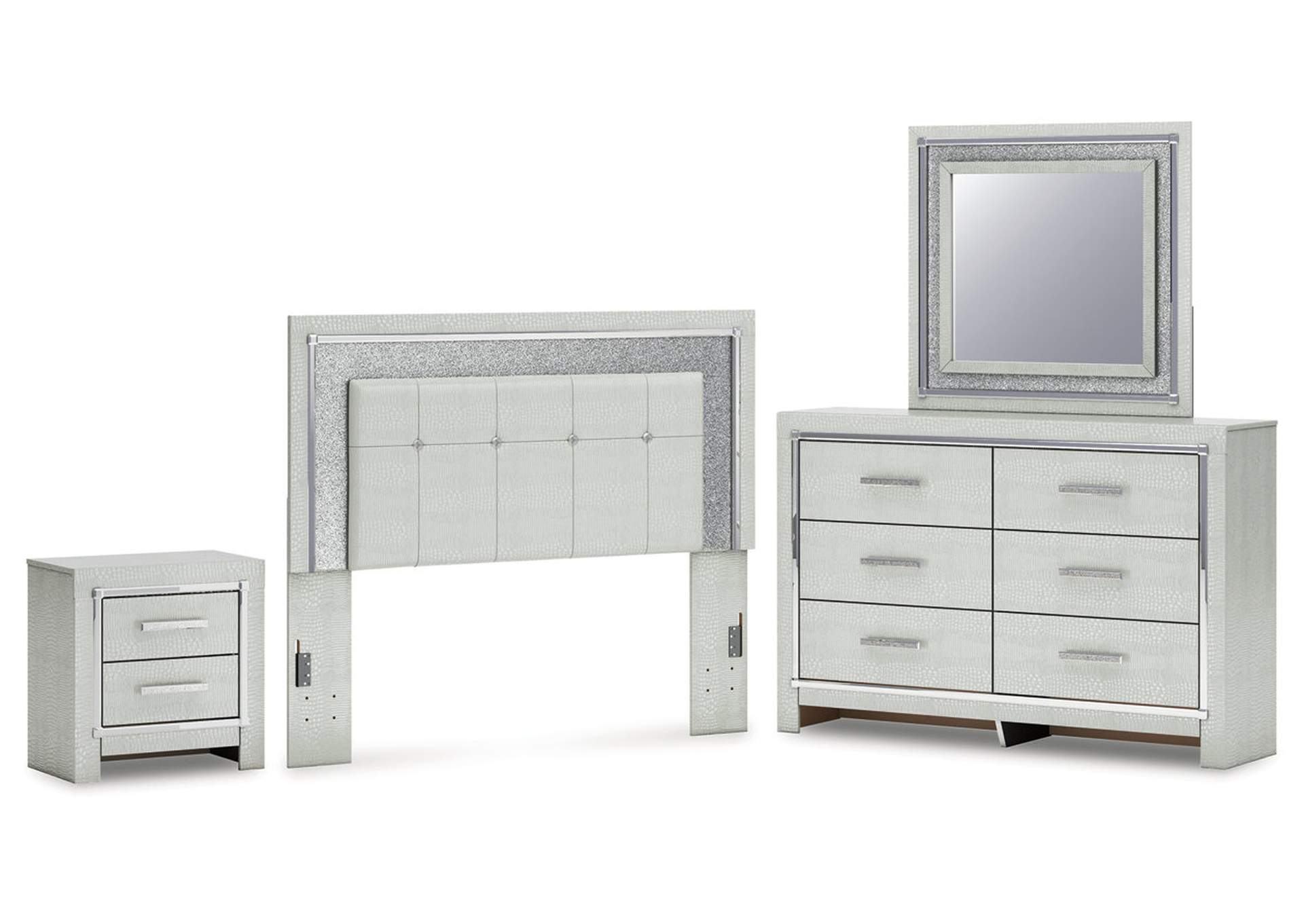 Zyniden Queen Upholstered Panel Headboard with Mirrored Dresser and Nightstand image 1