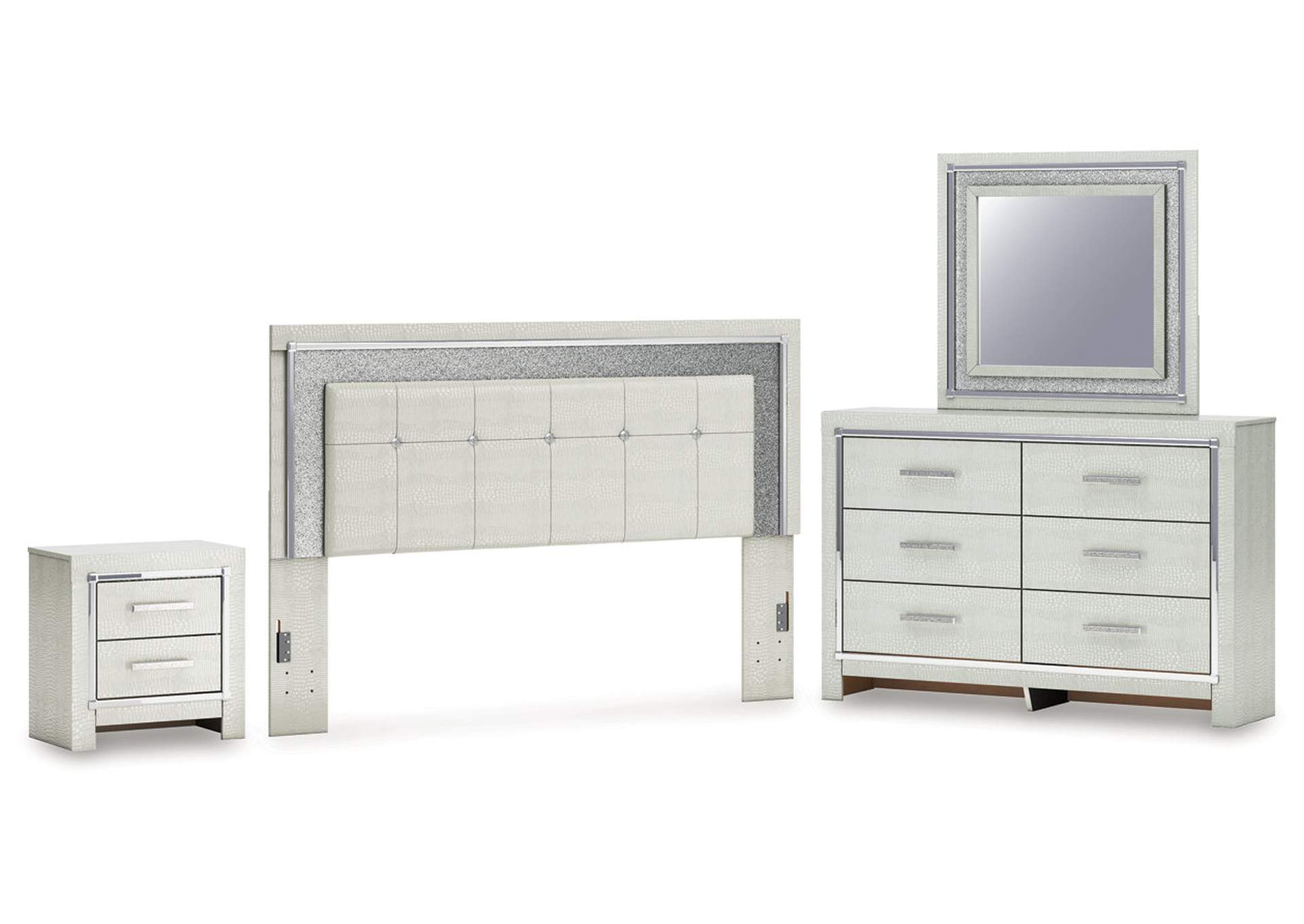 Zyniden King Upholstered Panel Headboard with Mirrored Dresser and Nightstand image 1