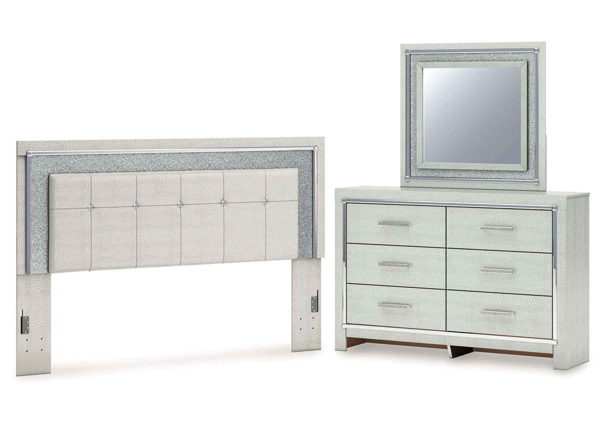 Zyniden King Upholstered Panel Headboard with Mirrored Dresser
