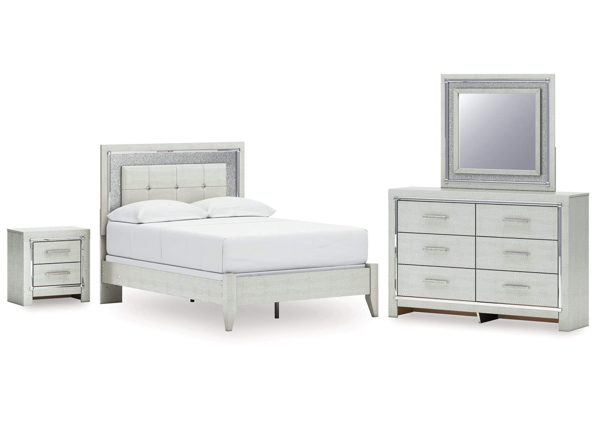 Zyniden Full Upholstered Panel Bed with Mirrored Dresser and Nightstand