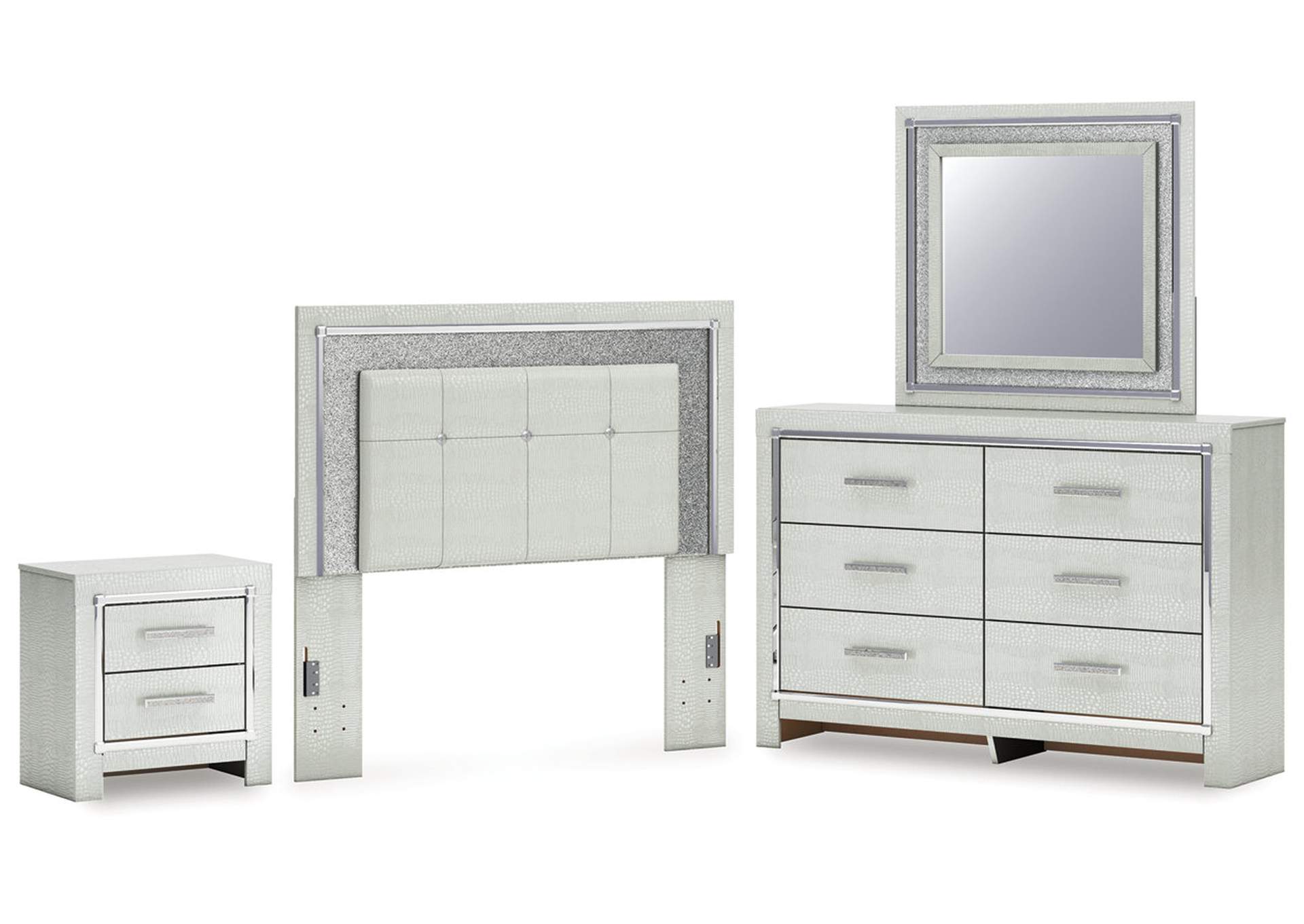 Zyniden Full Upholstered Panel Headboard with Mirrored Dresser and Nightstand image 1